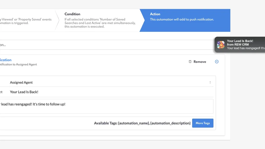 Setting up an action in an automation rule.
