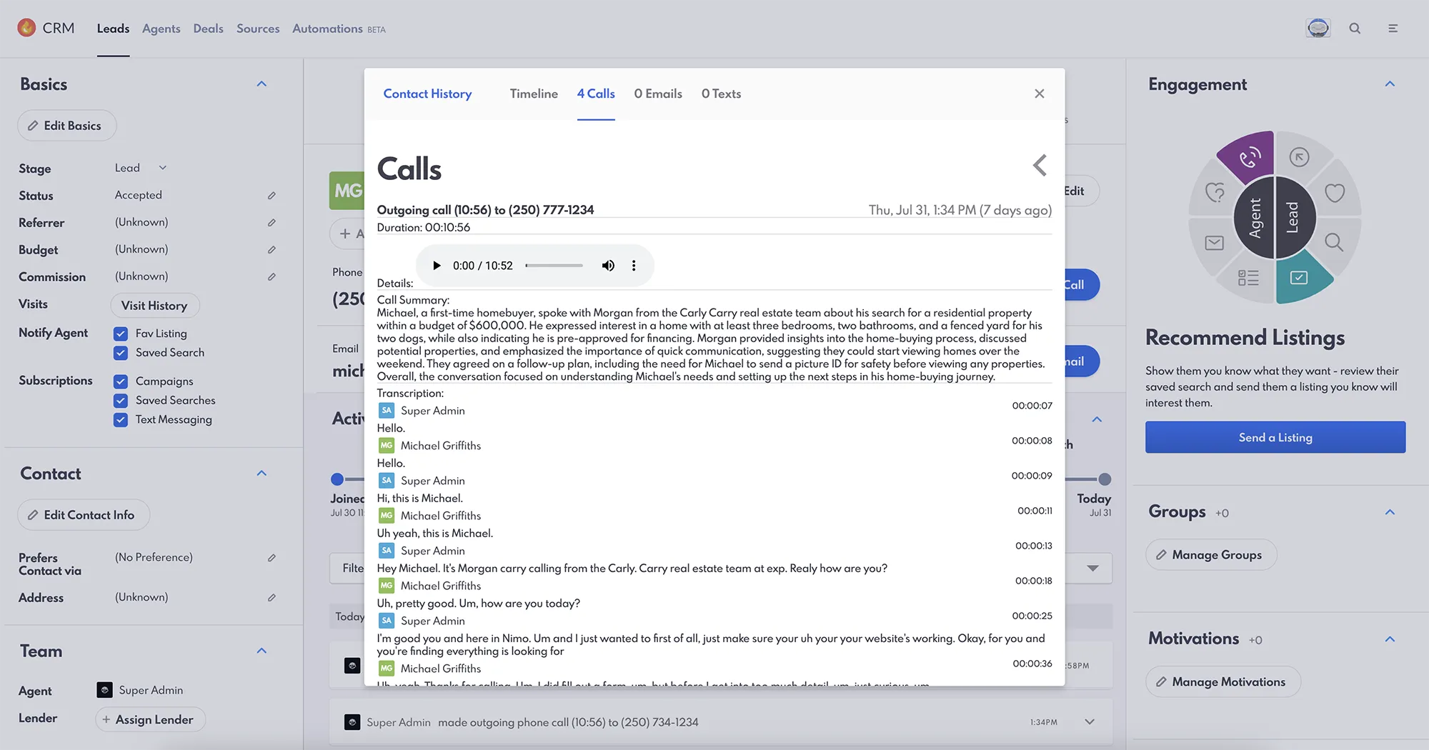 AI call transcript and summary found on REW CRM.