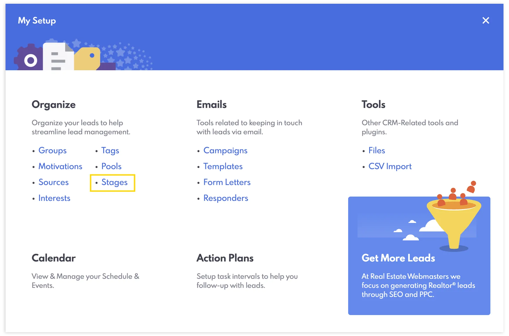 “Estágios” em “Organizar”.