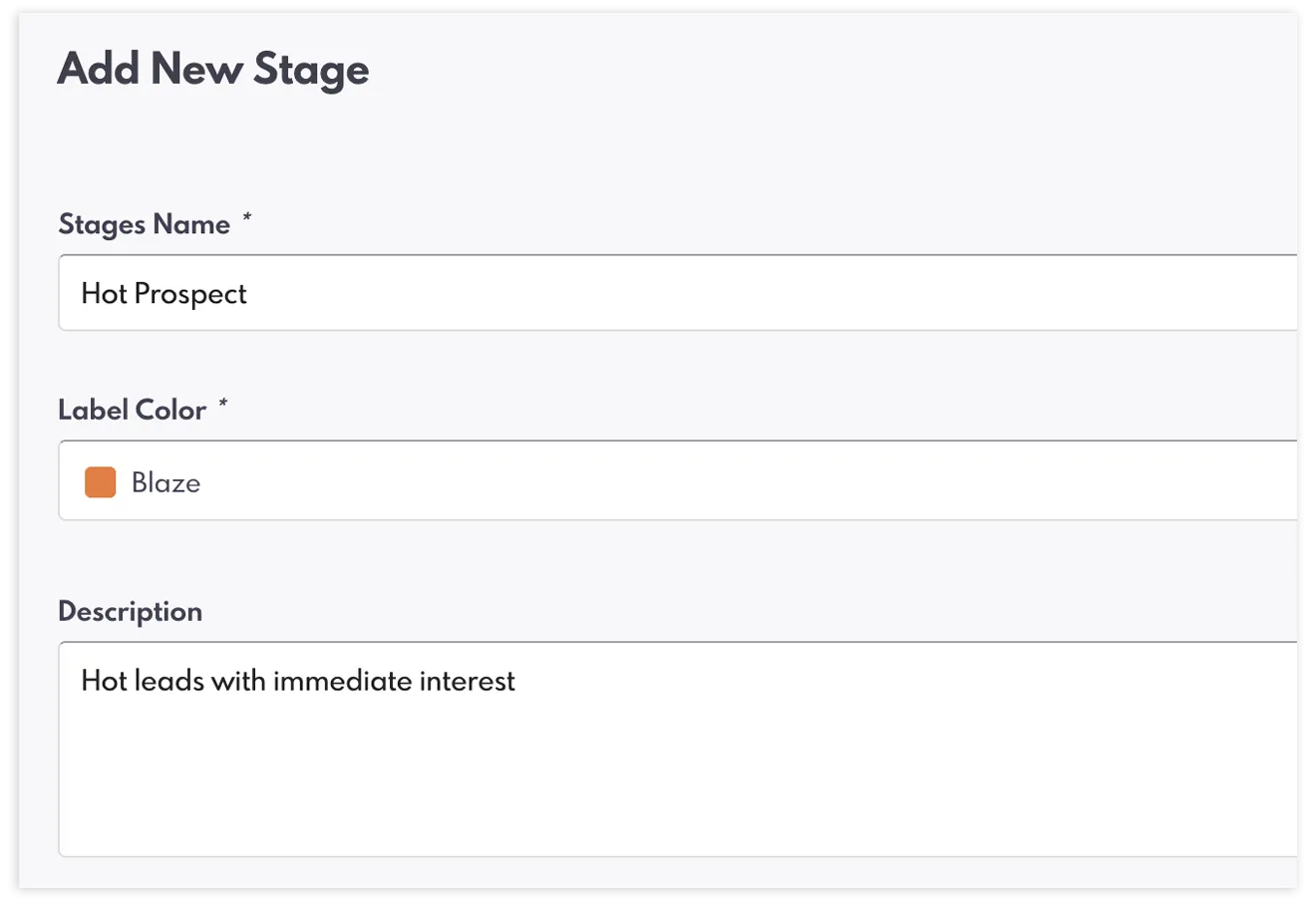 Campos Nome do estágio, Cor do rótulo e Descrição.