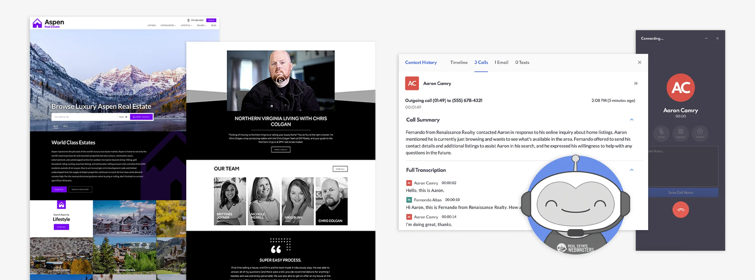 The LUX Renaissance website, REWpert AI robot, and REW Dialer.
