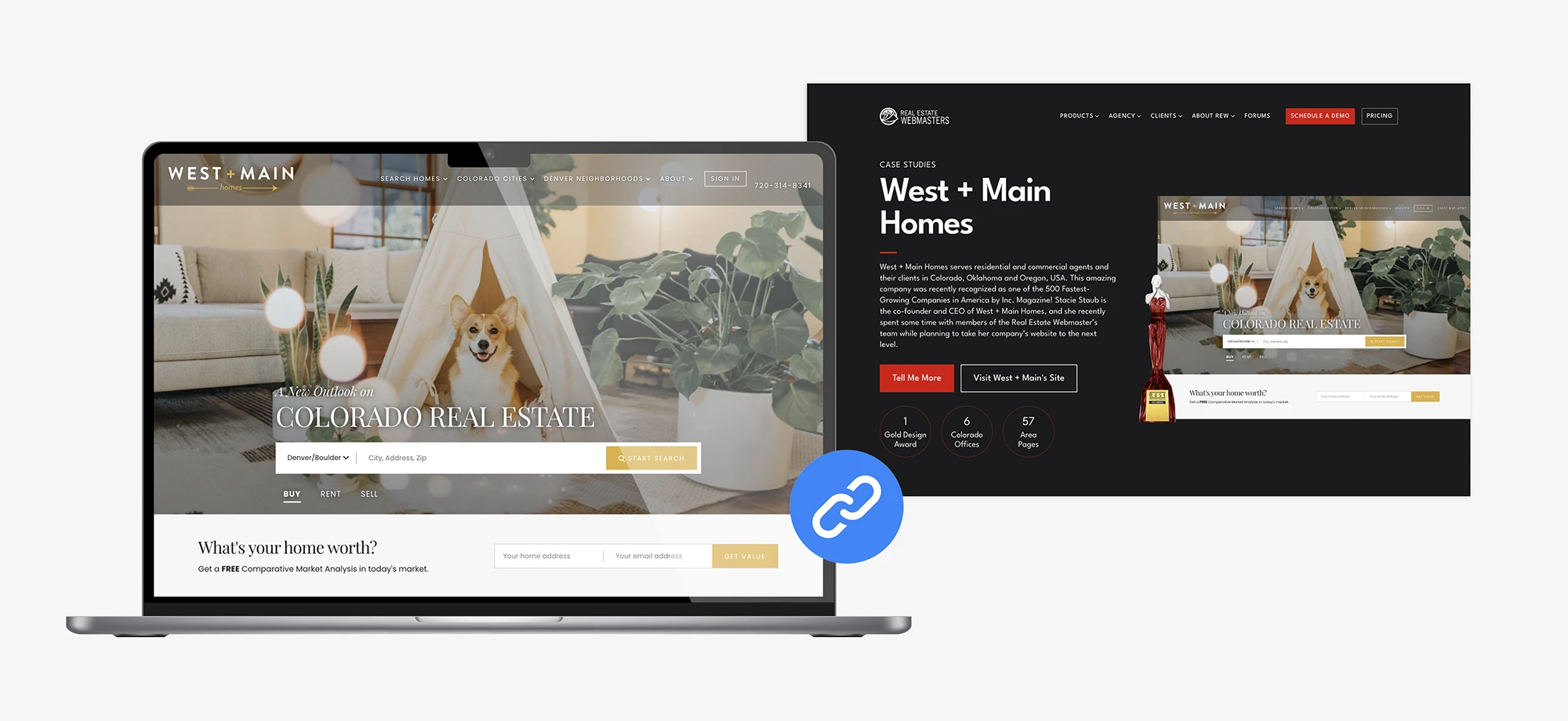 Real Estate Webmasters linking to West + Main Homes homepage.