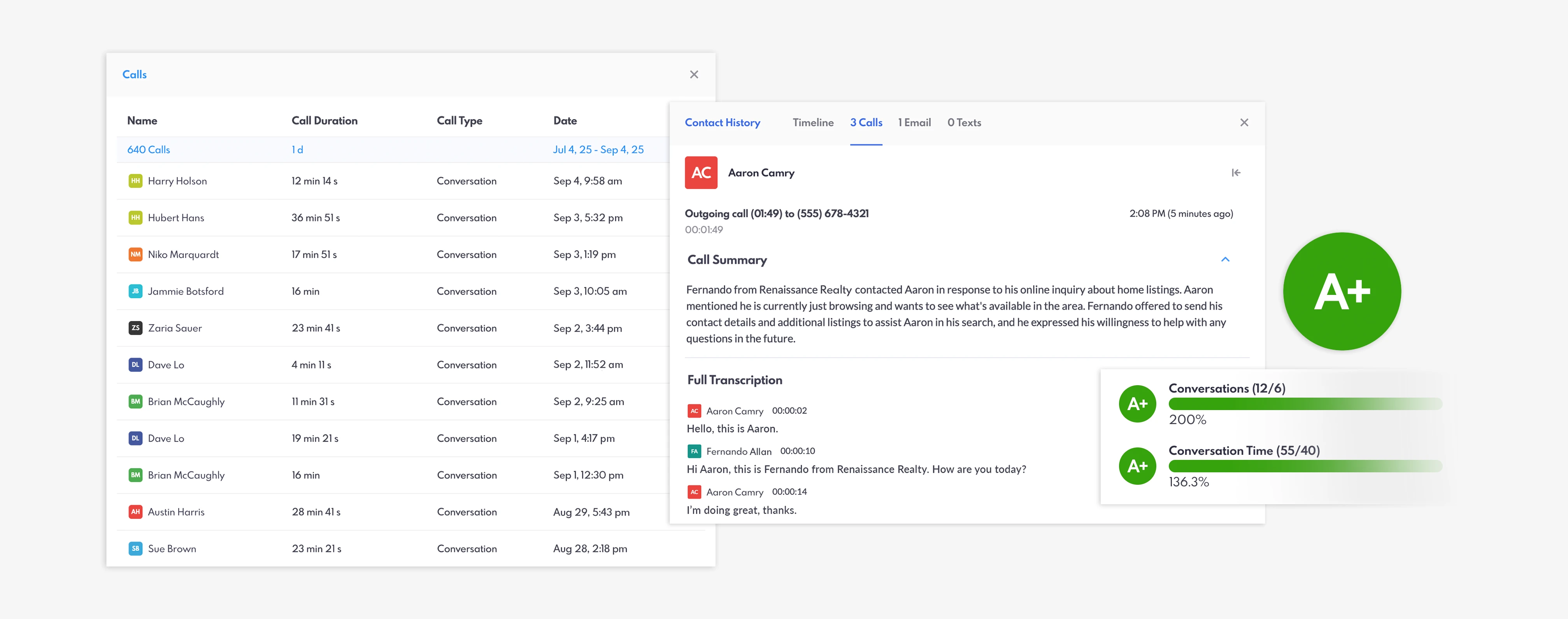 REW Dialer call history, transcripts, summary and conversations agent goal.