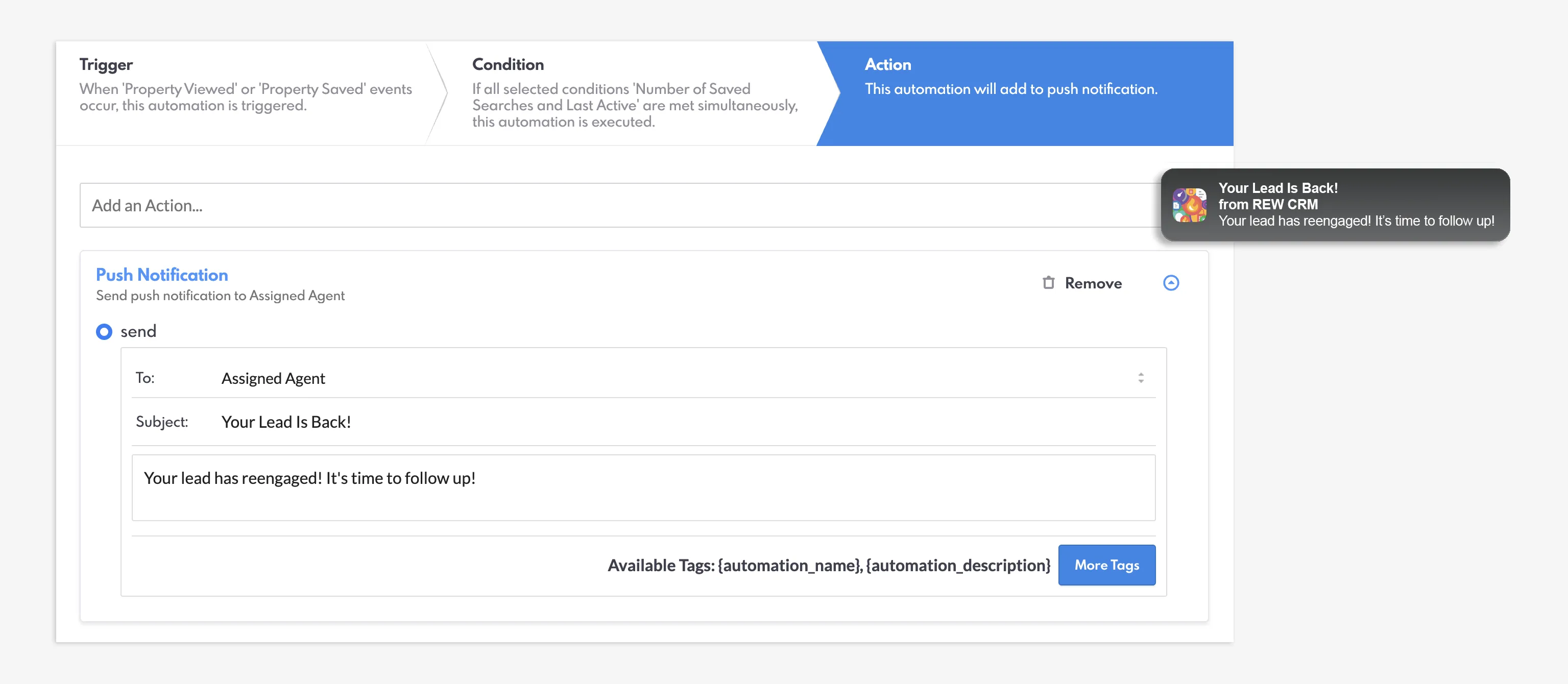 Setting up an action in an automation rule.