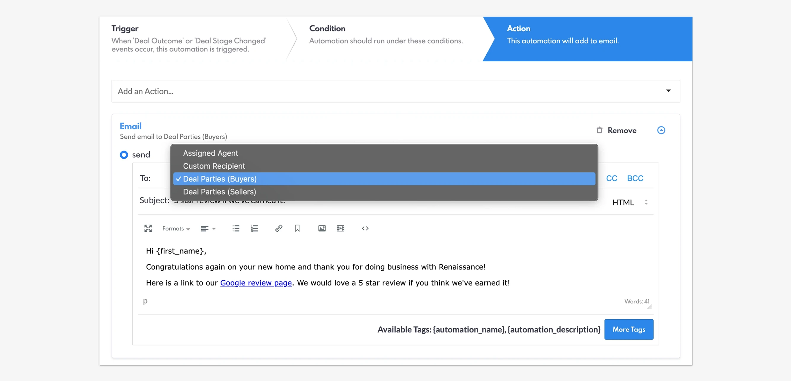 Setting an automation for emailing deal parties.