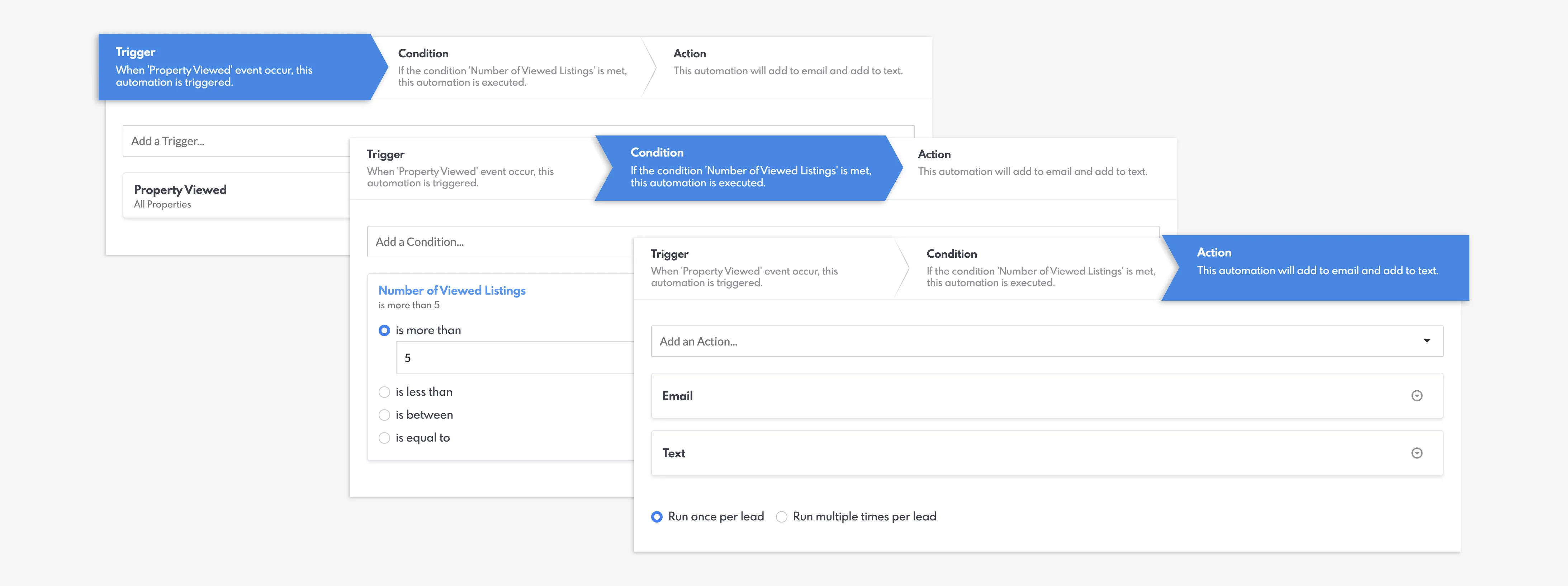 Trigger, condition, and action in REW CRM's Automations.