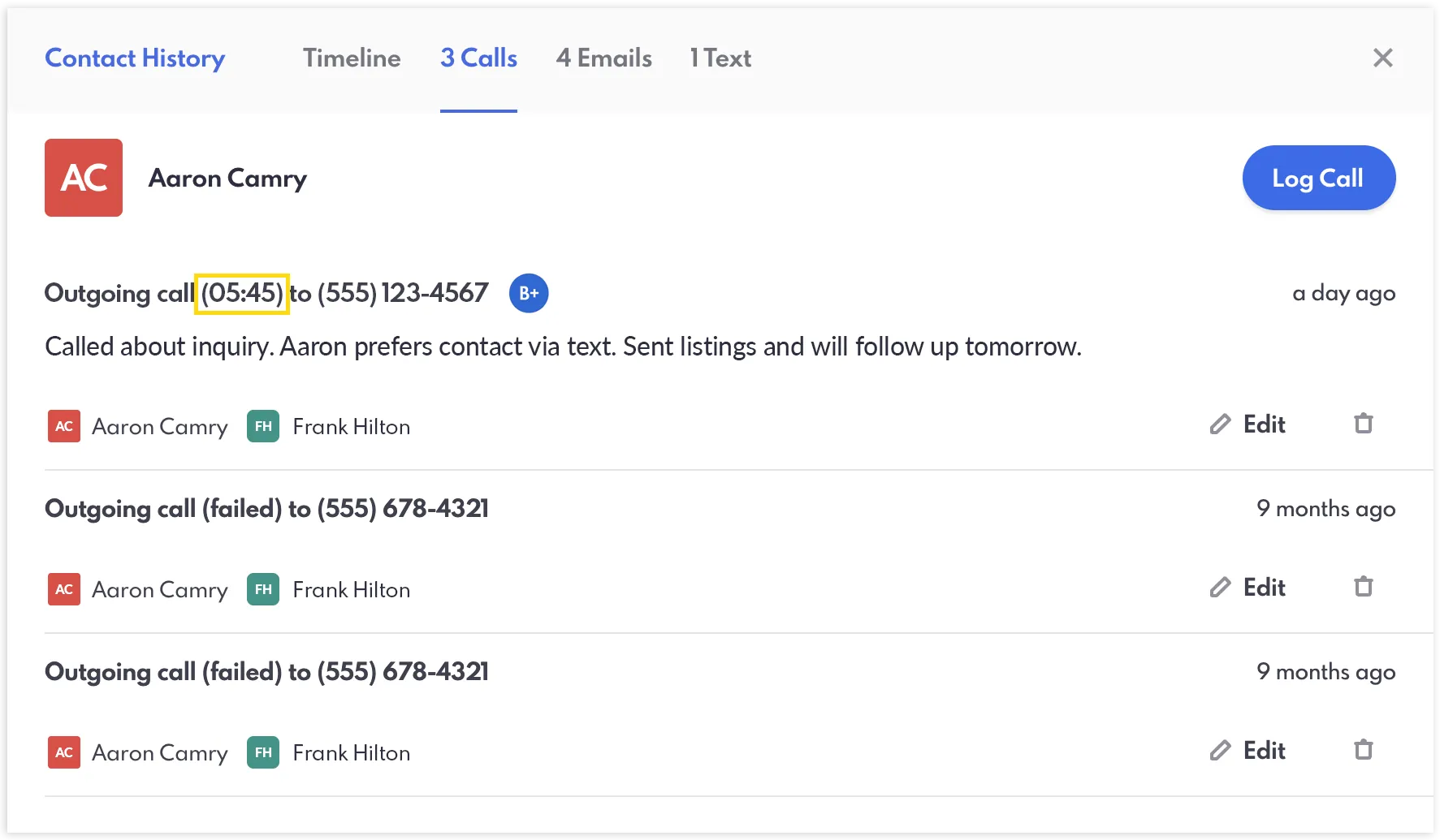 REW Dialer call in Call History