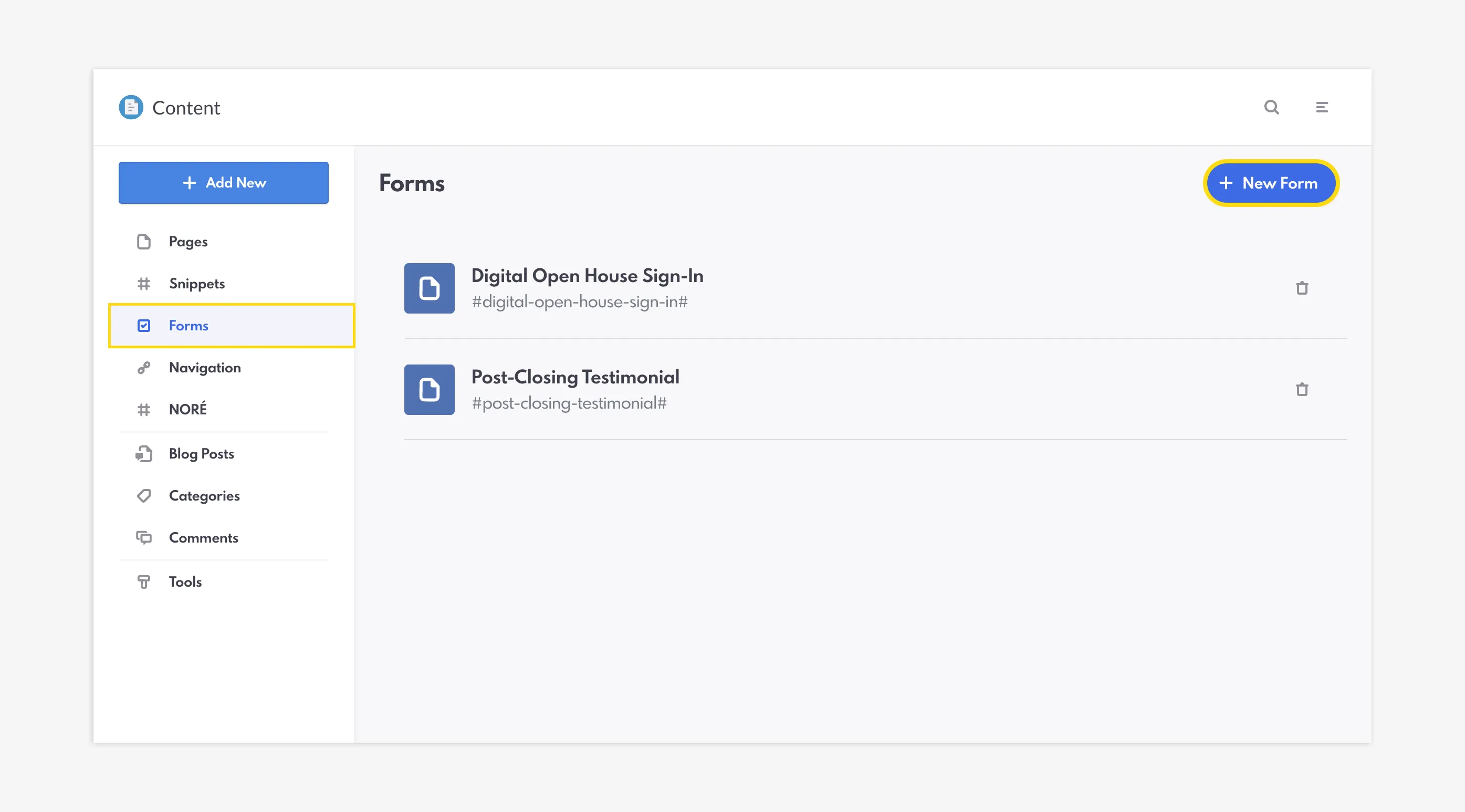 Forms page within the Content page of the REW CRM