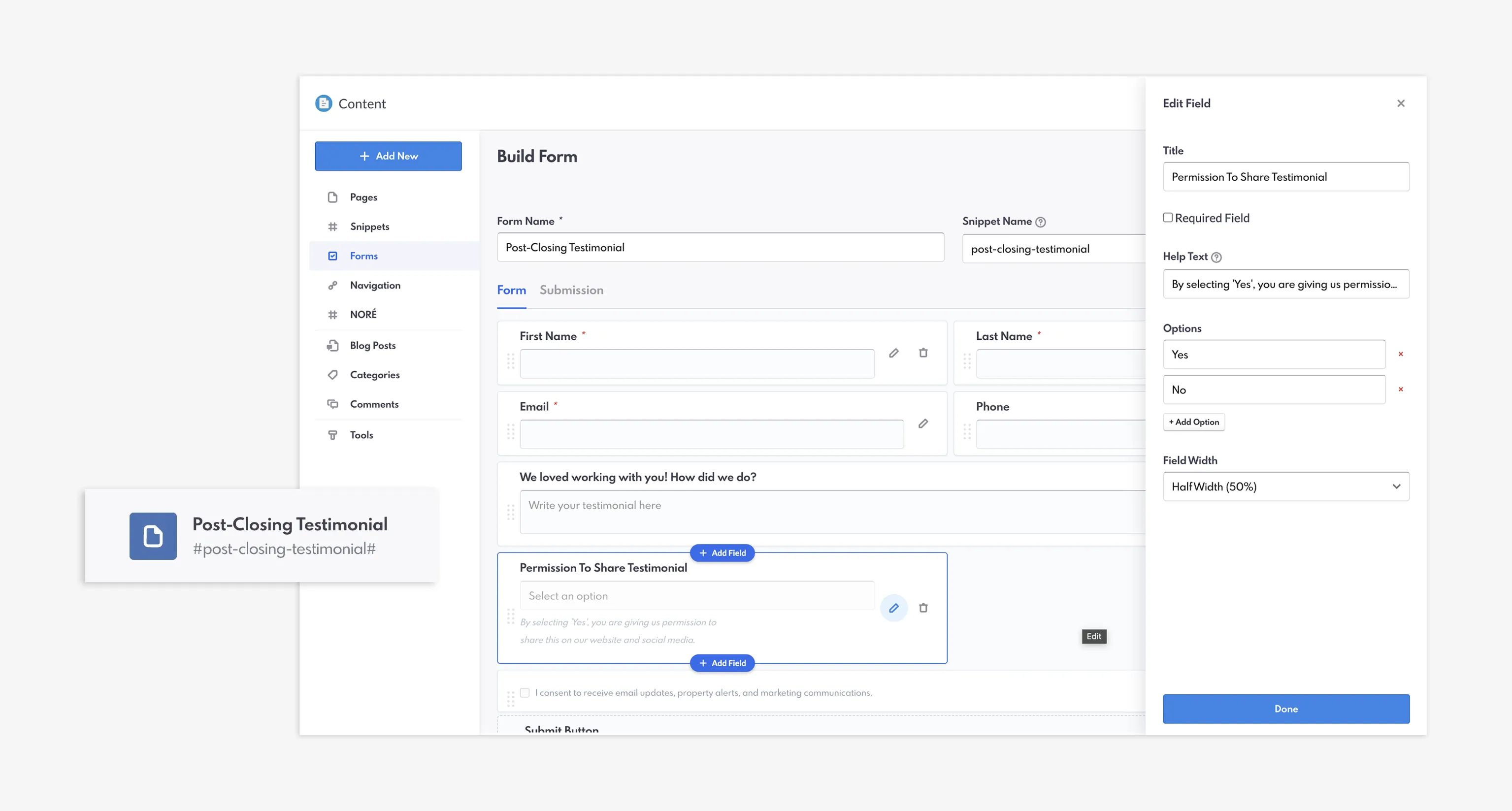 Form builder - closing testimonial example