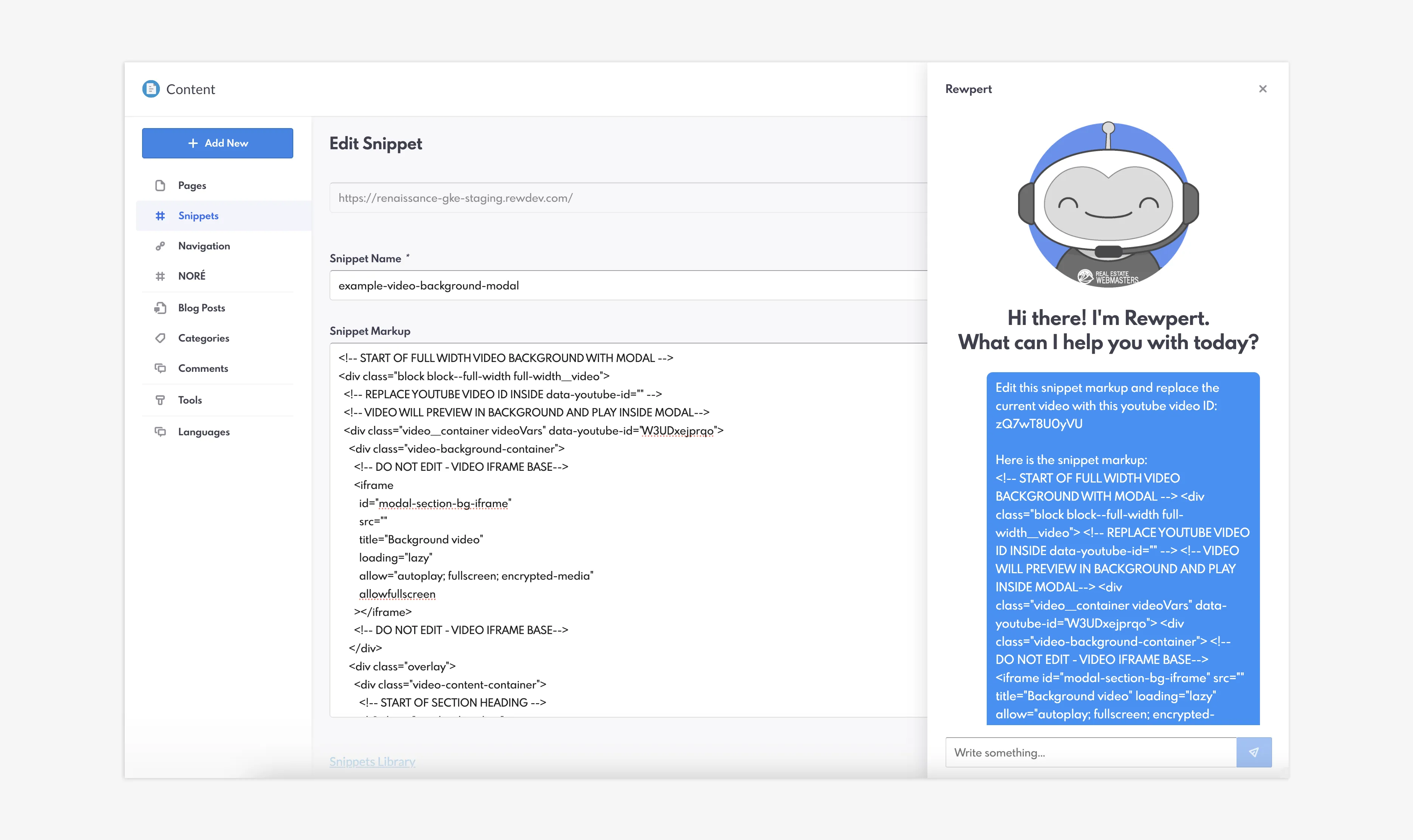 Using REWpert to help edit a snippet