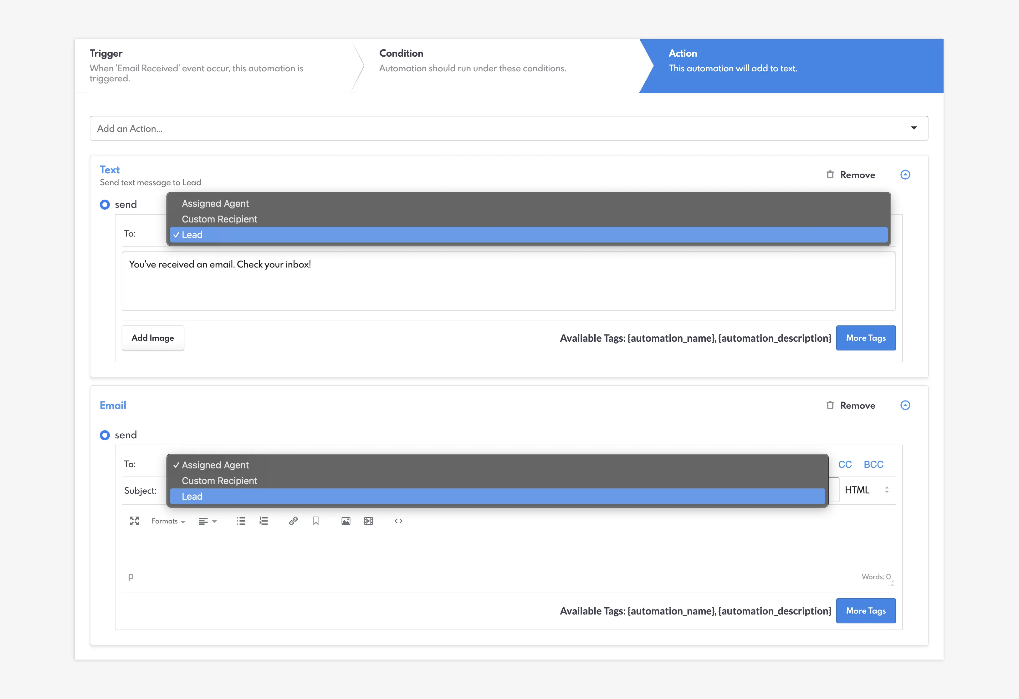 New Automations Actions for Text and Email