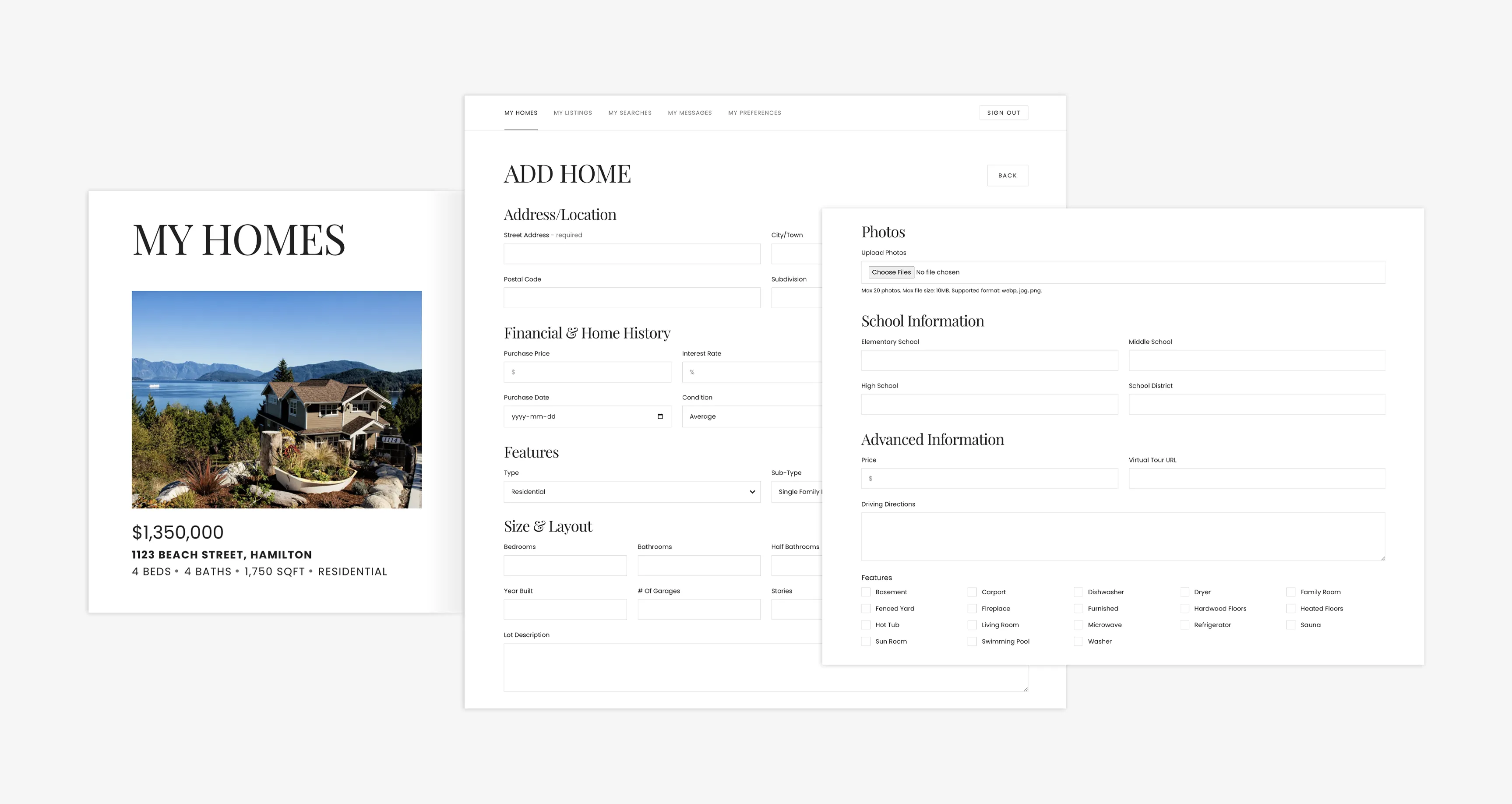 My Homes information on front-end of website