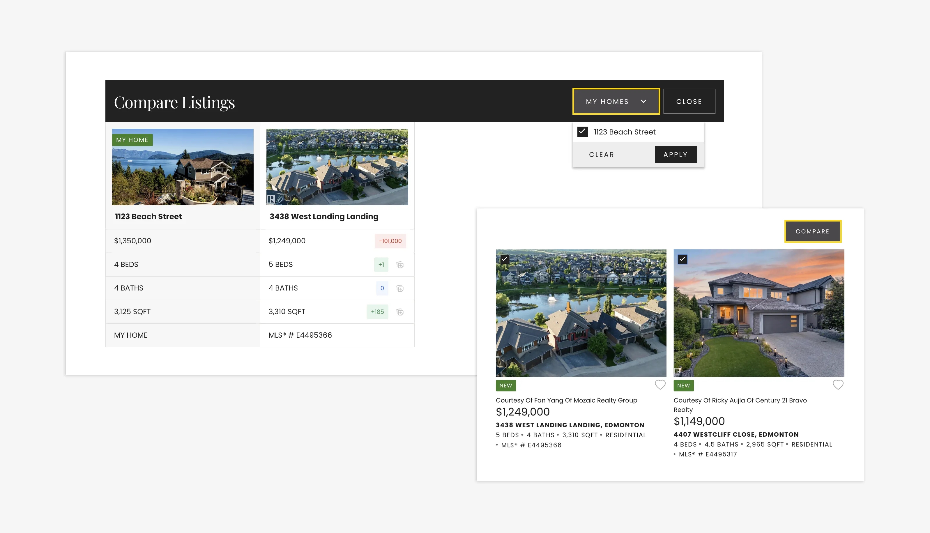 Selecting My Home and Comparing listings