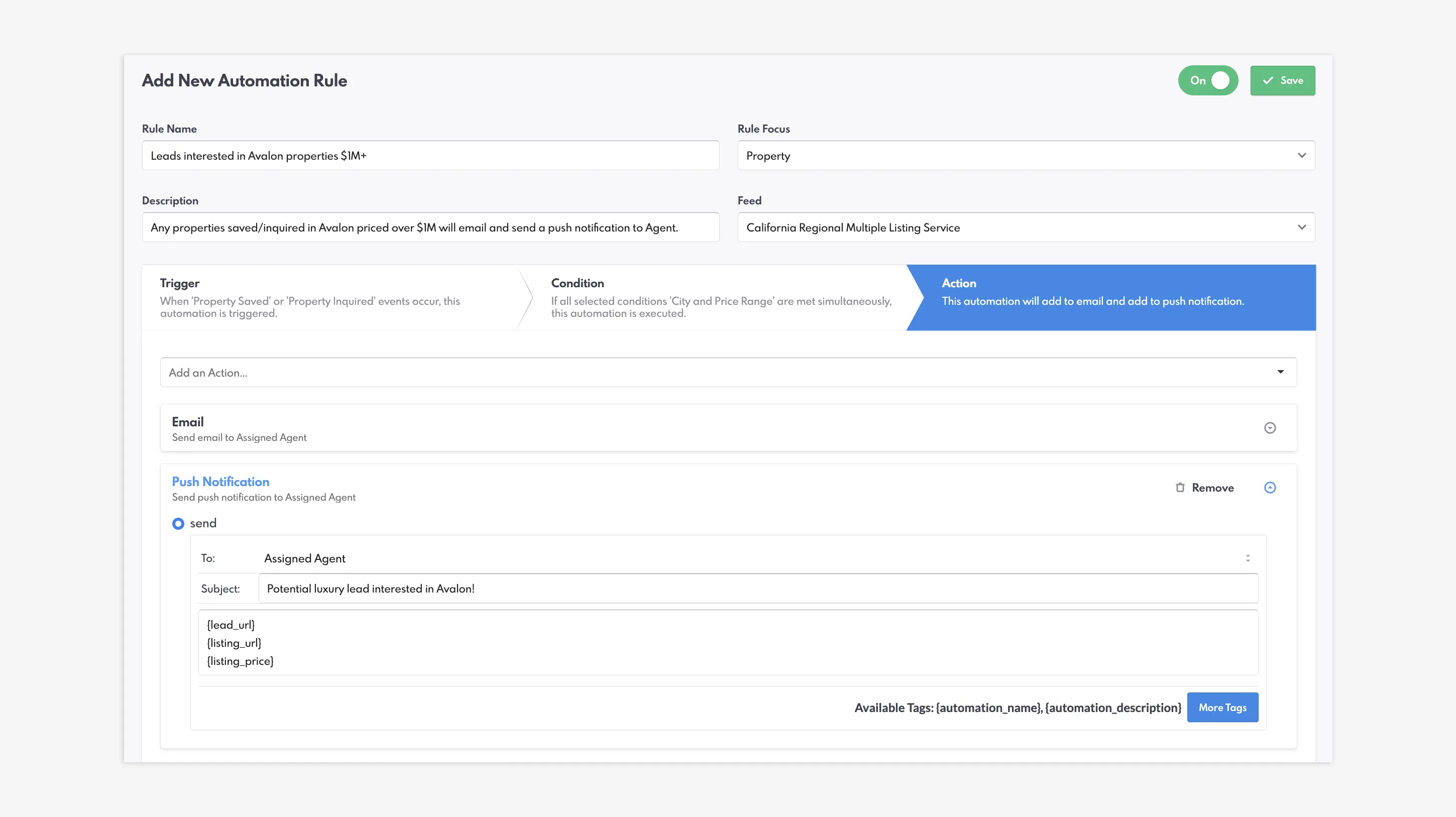 Email and Push Notification actions on an Automation