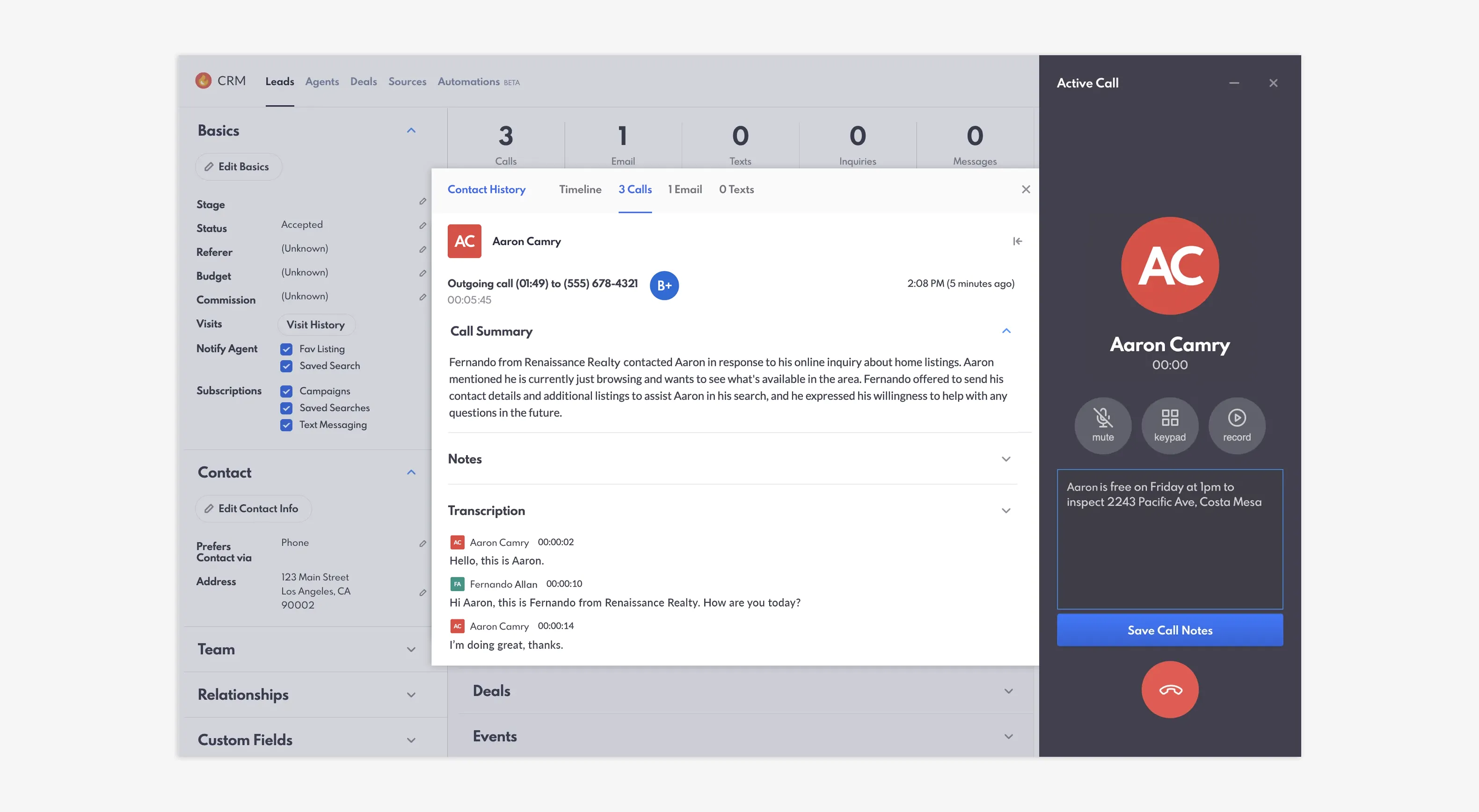 REW Dialer active call and Call summary & transcript