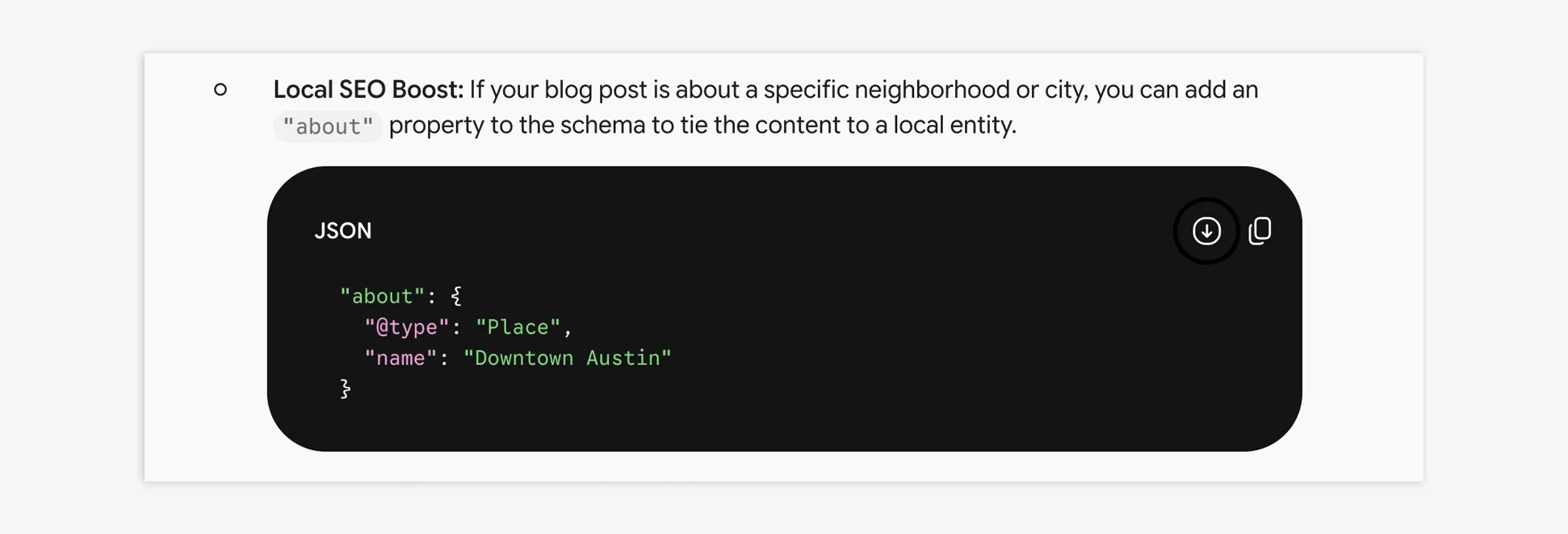 Add an 'about' JSON to your schema to boost local SEO