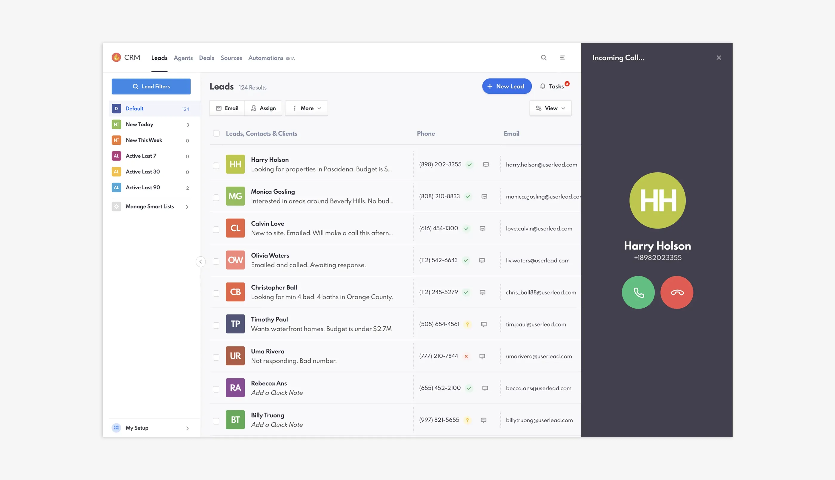 REW CRM Leads Dashboard with incoming Dialer call