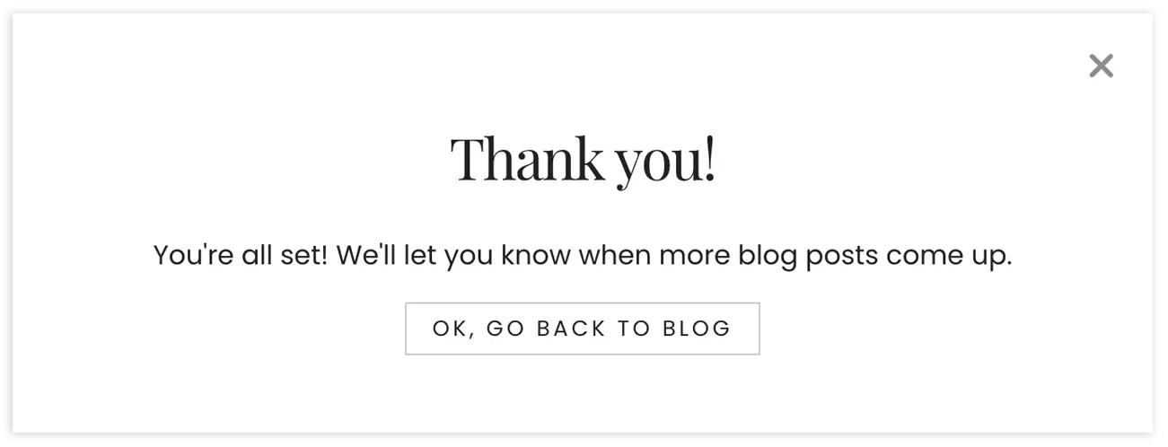 Exemplo de mensagem de agradecimento após enviar um formulário de inscrição no blog.