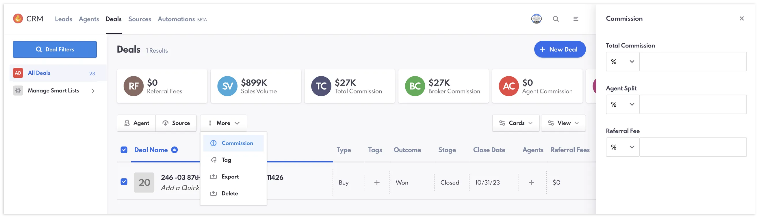 Deals Bulk Actions side window.