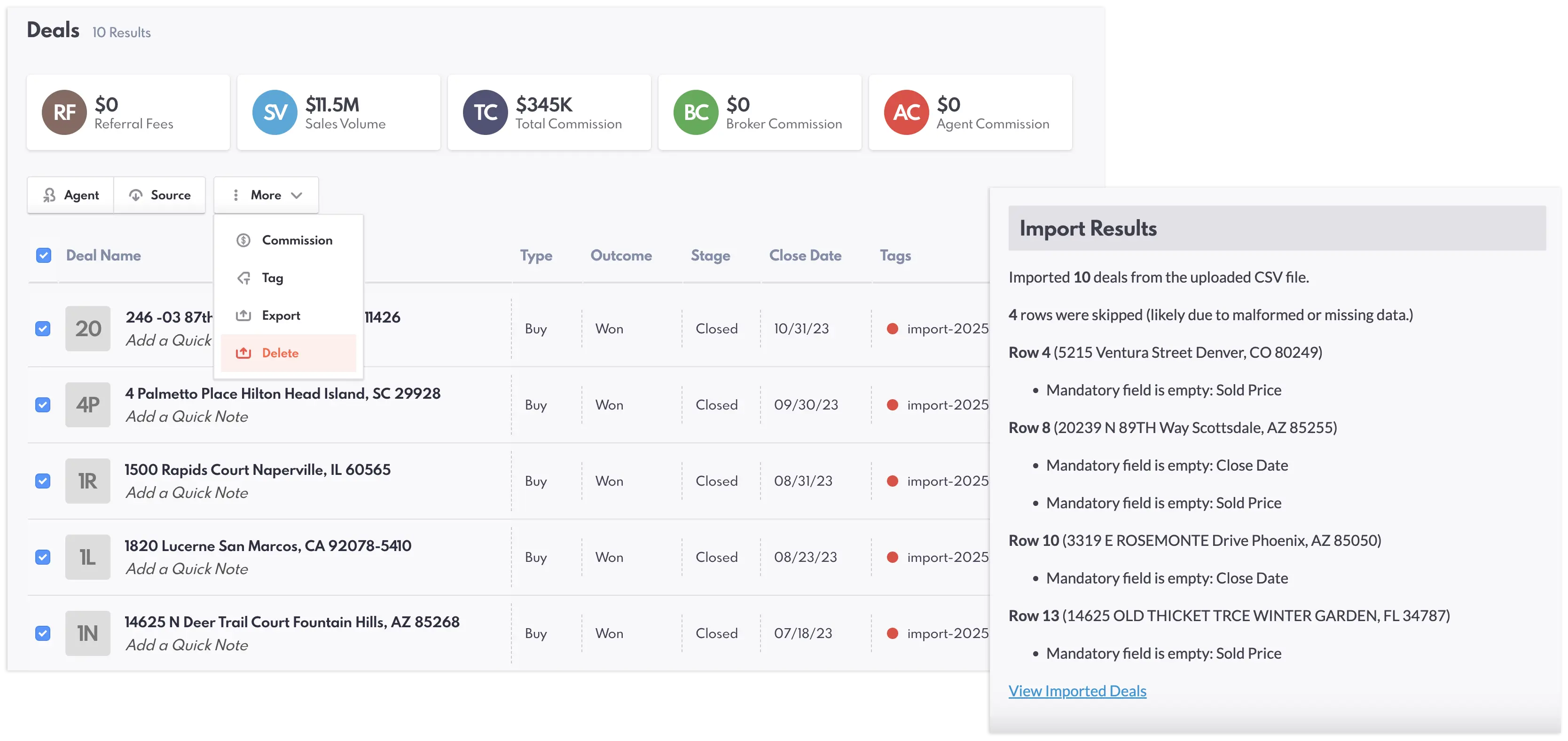 Deals CSV import tool and bulk actions.