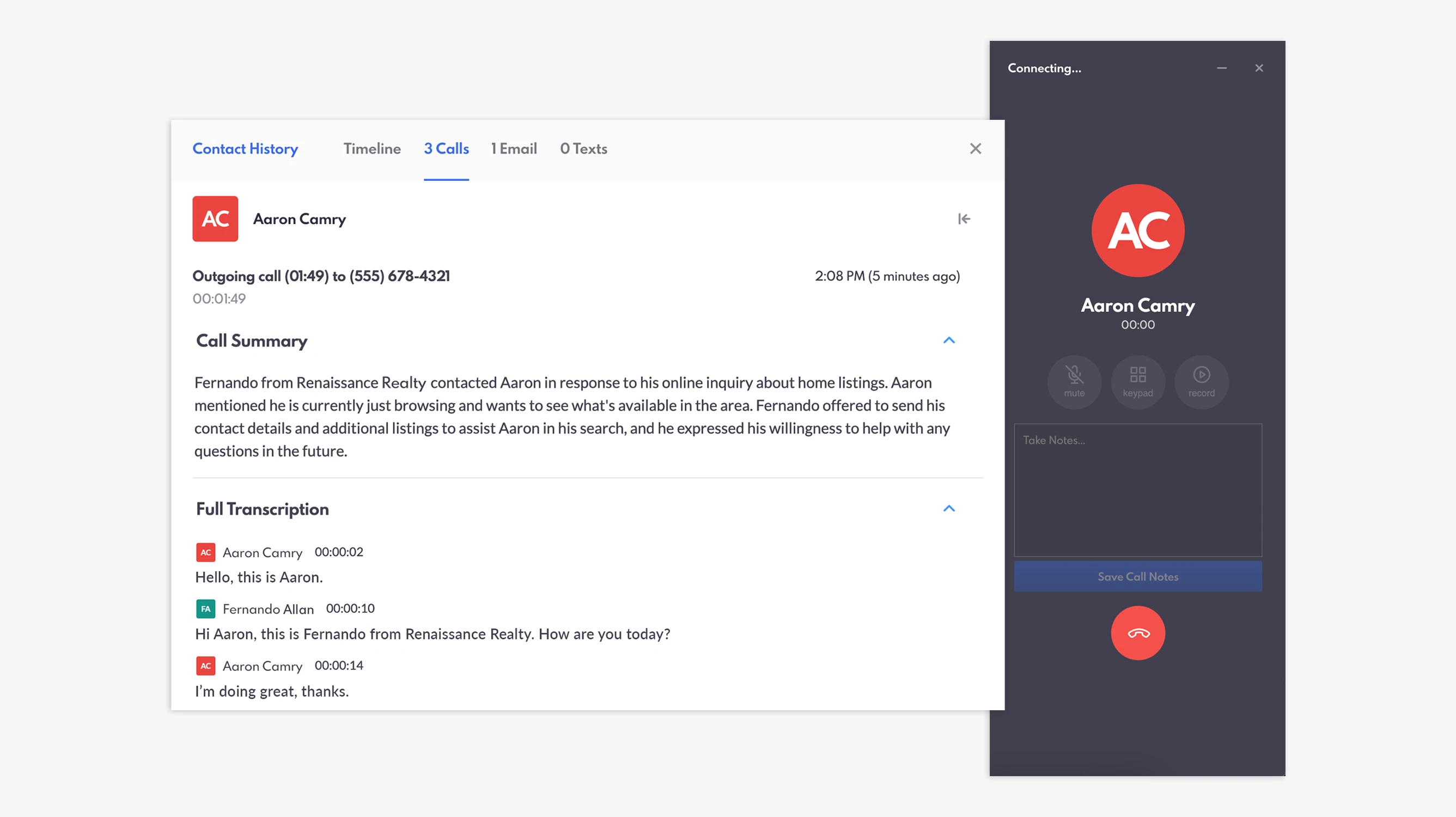 REW Dialer window and Call Transcripts and Summaries feature.