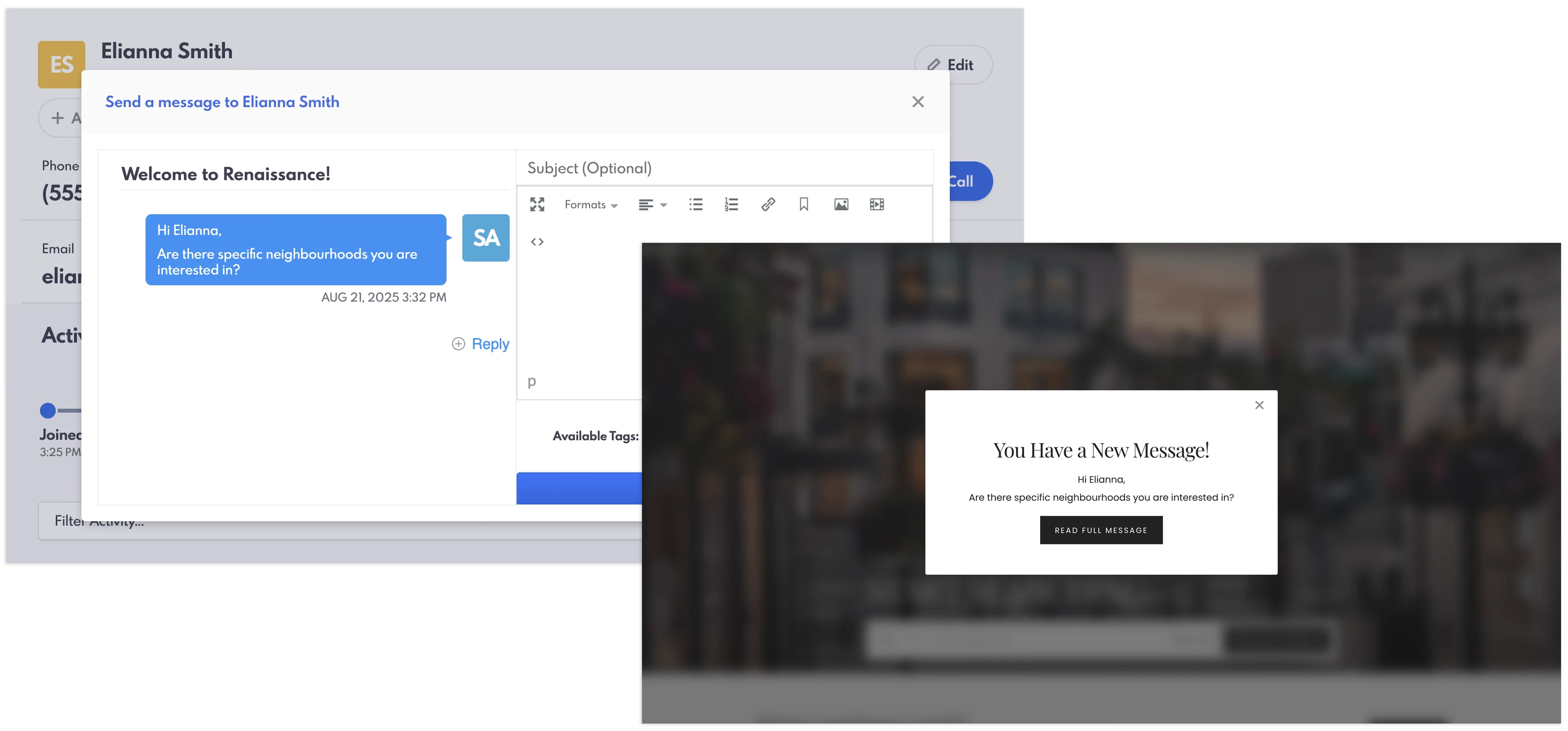 New message pop-up notification on Renaissance and the message modal.