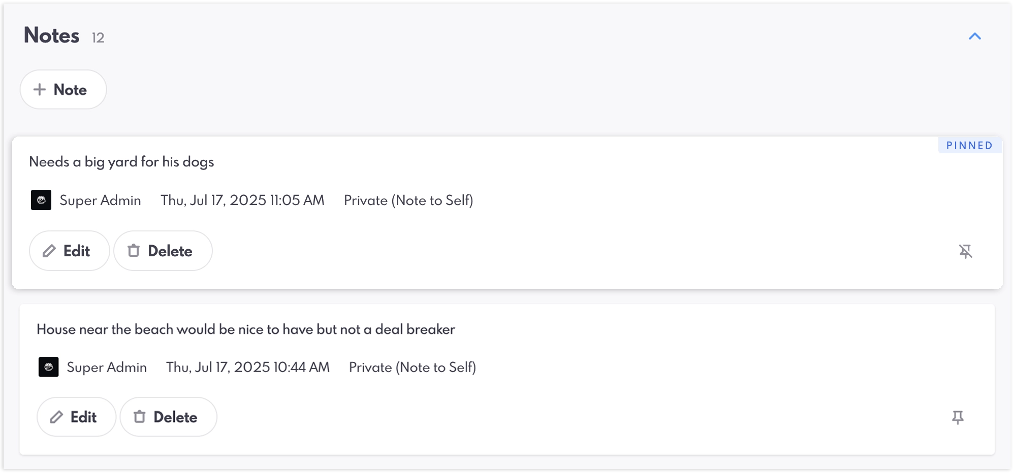 Pinned Notes on Lead Details page.