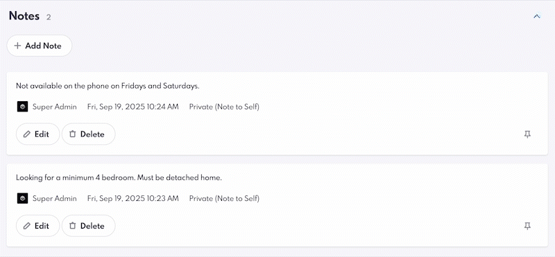 Pinned notes on the lead details page