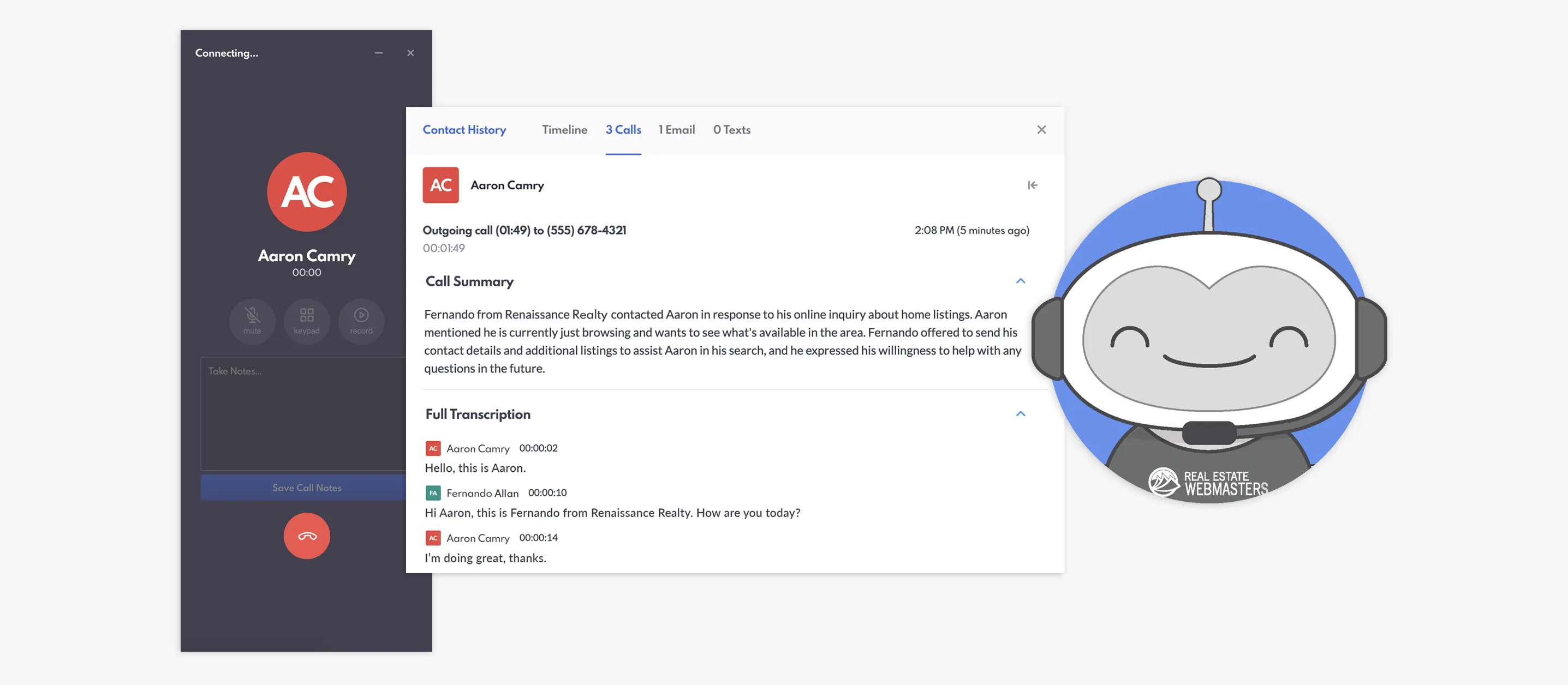 REWpert AI robot, and REW Dialer's AI-Generated Call transcripts and summaries.