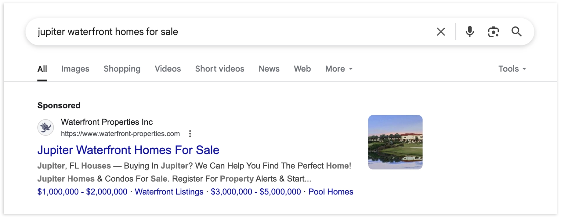 Waterfront Properties' PPC ad on Google.