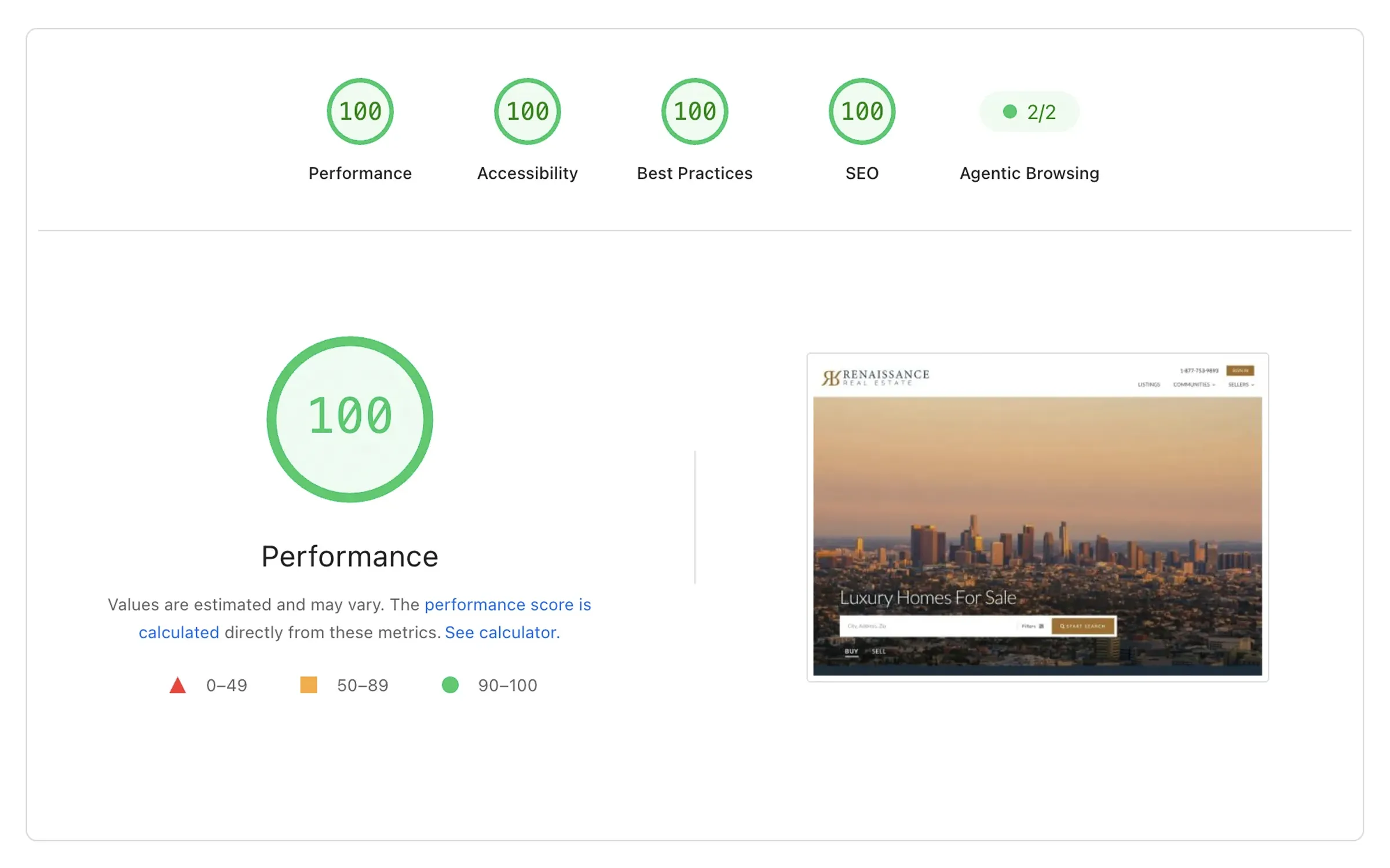 REW LUX website 100 performance on PageSpeed Insights