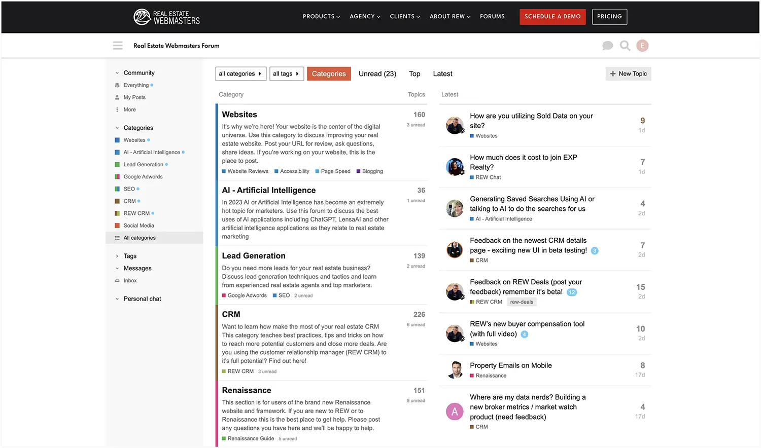 The REW Forum page and its different categories.
