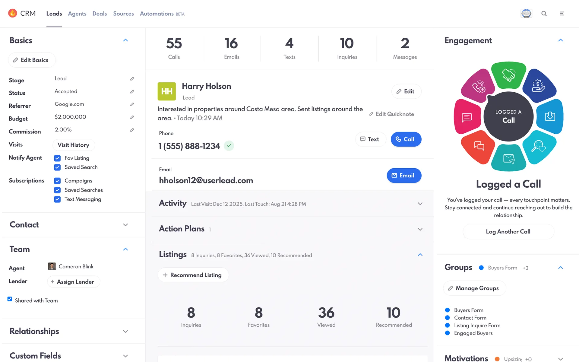 REW CRM lead record with engagement tracking