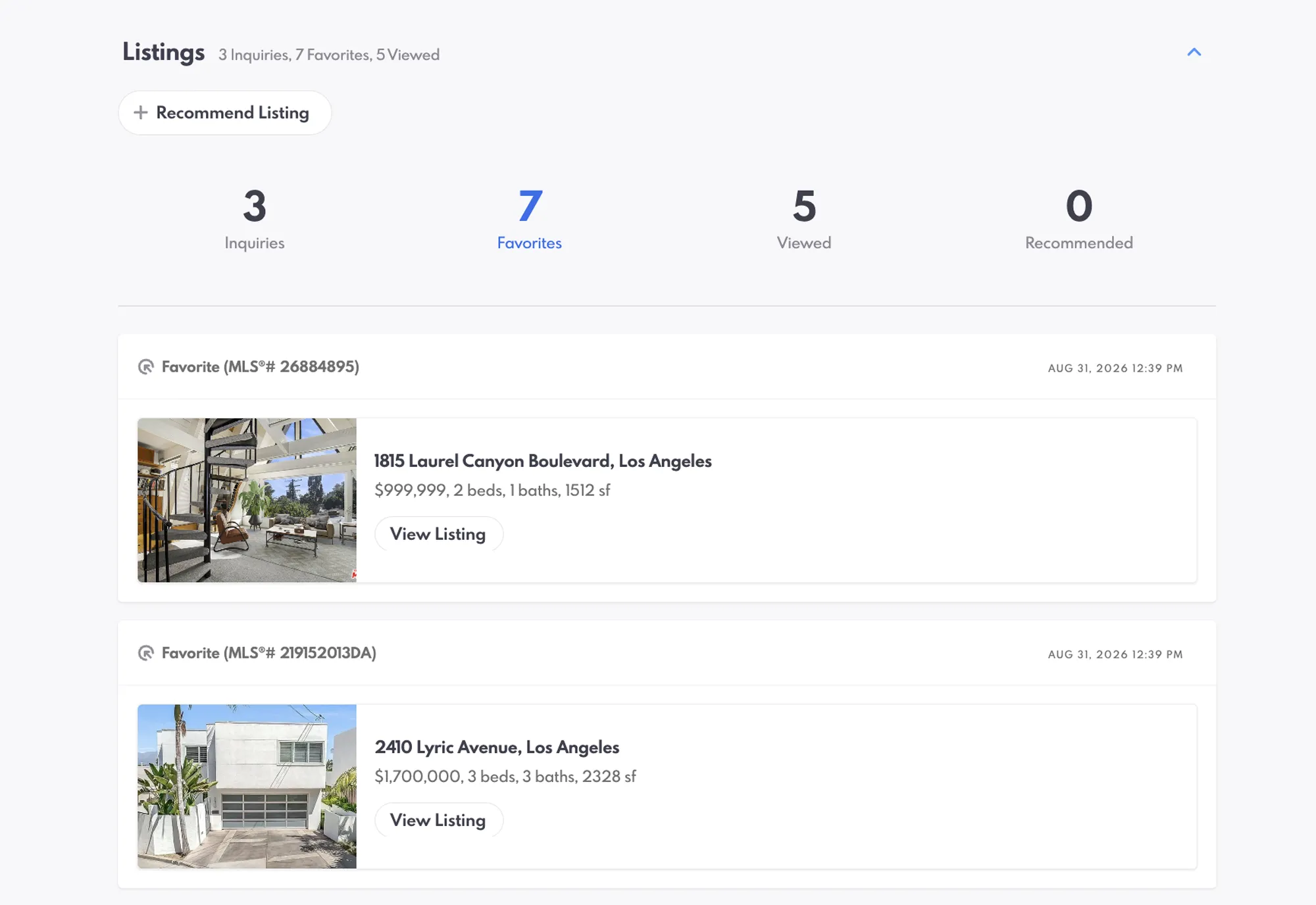REW CRM Lead's listing favorites