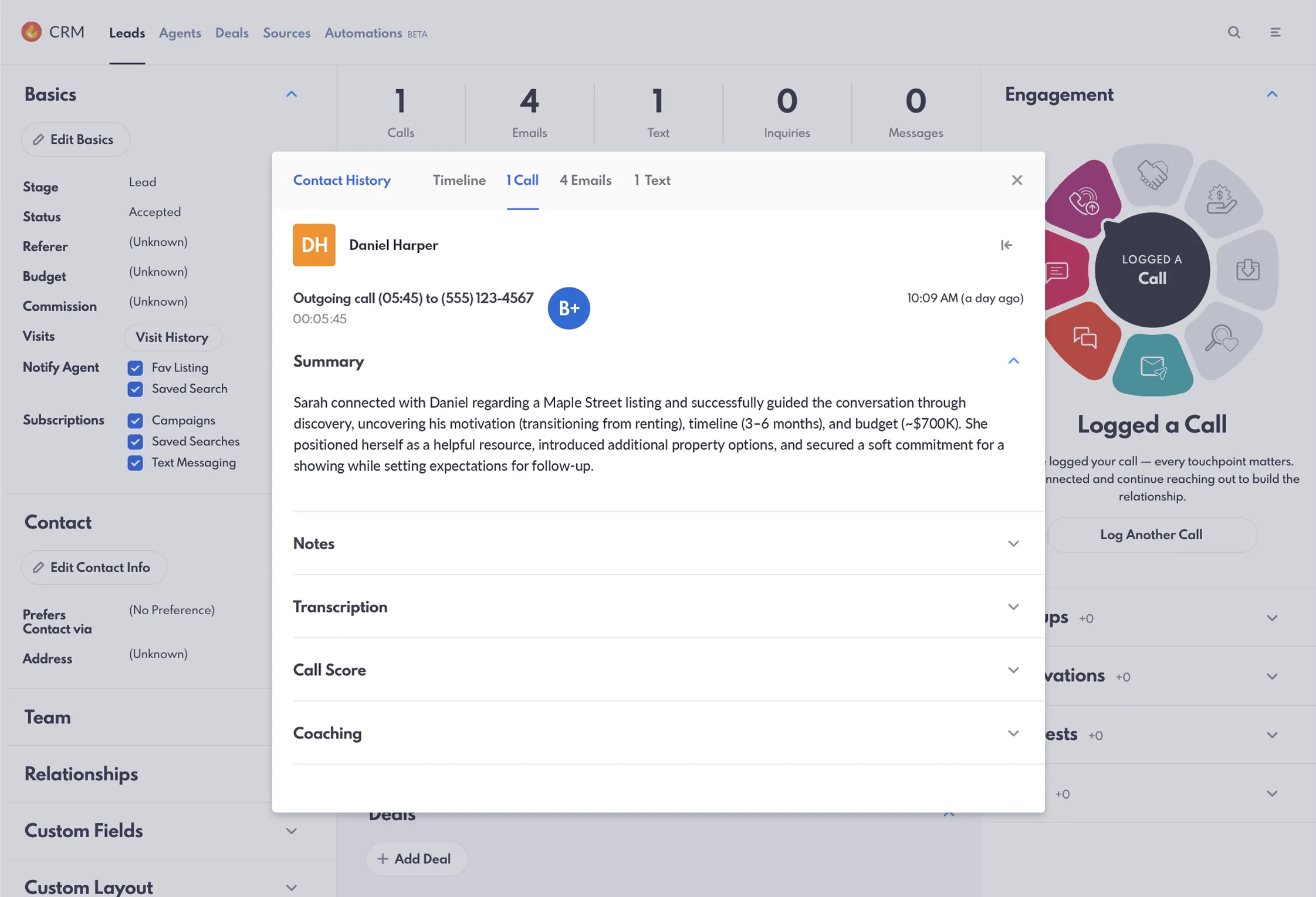 REW CRM lead details page showing AI-generated call summary