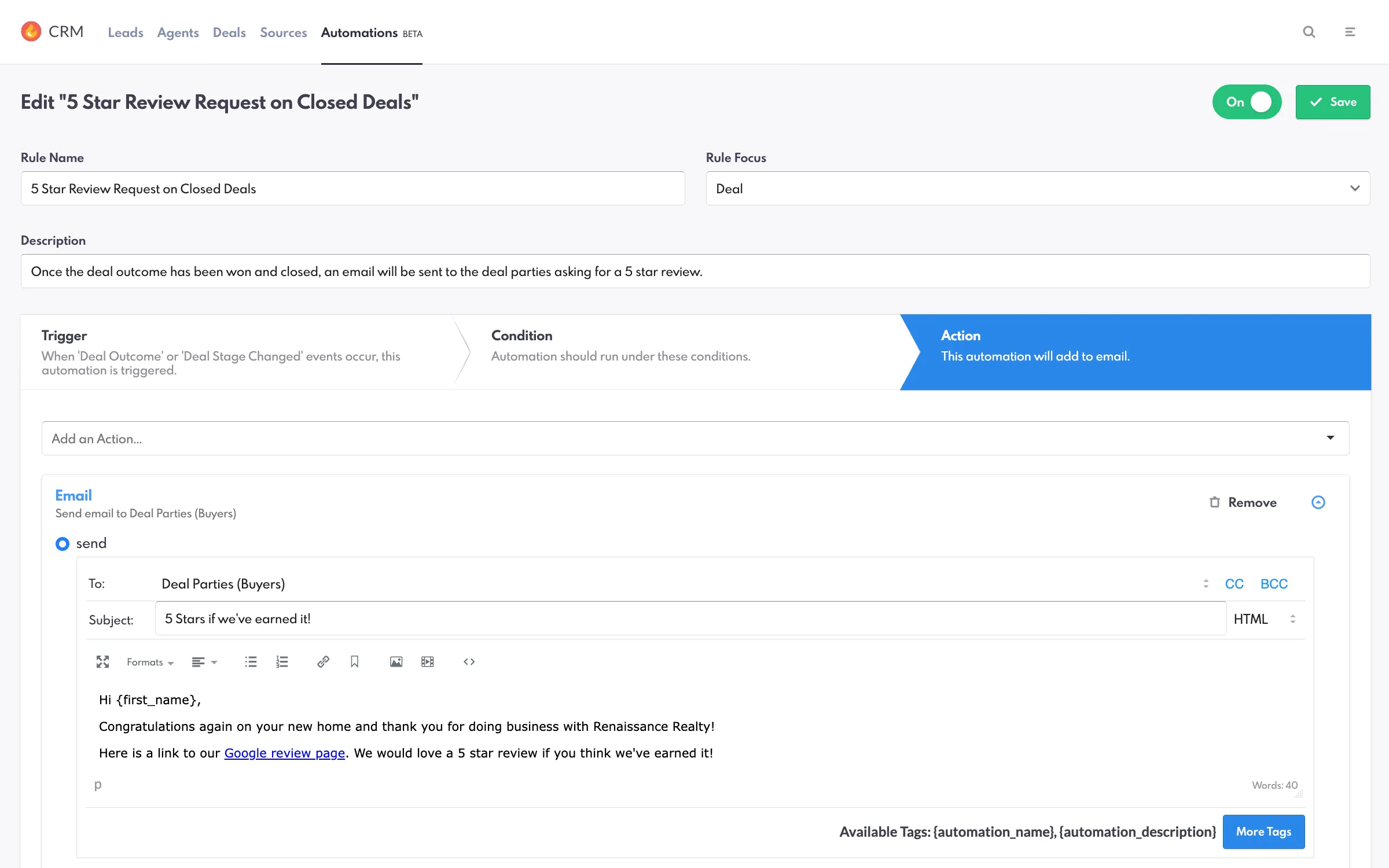 REW CRM Automation to request a 5-star review when a deal has closed