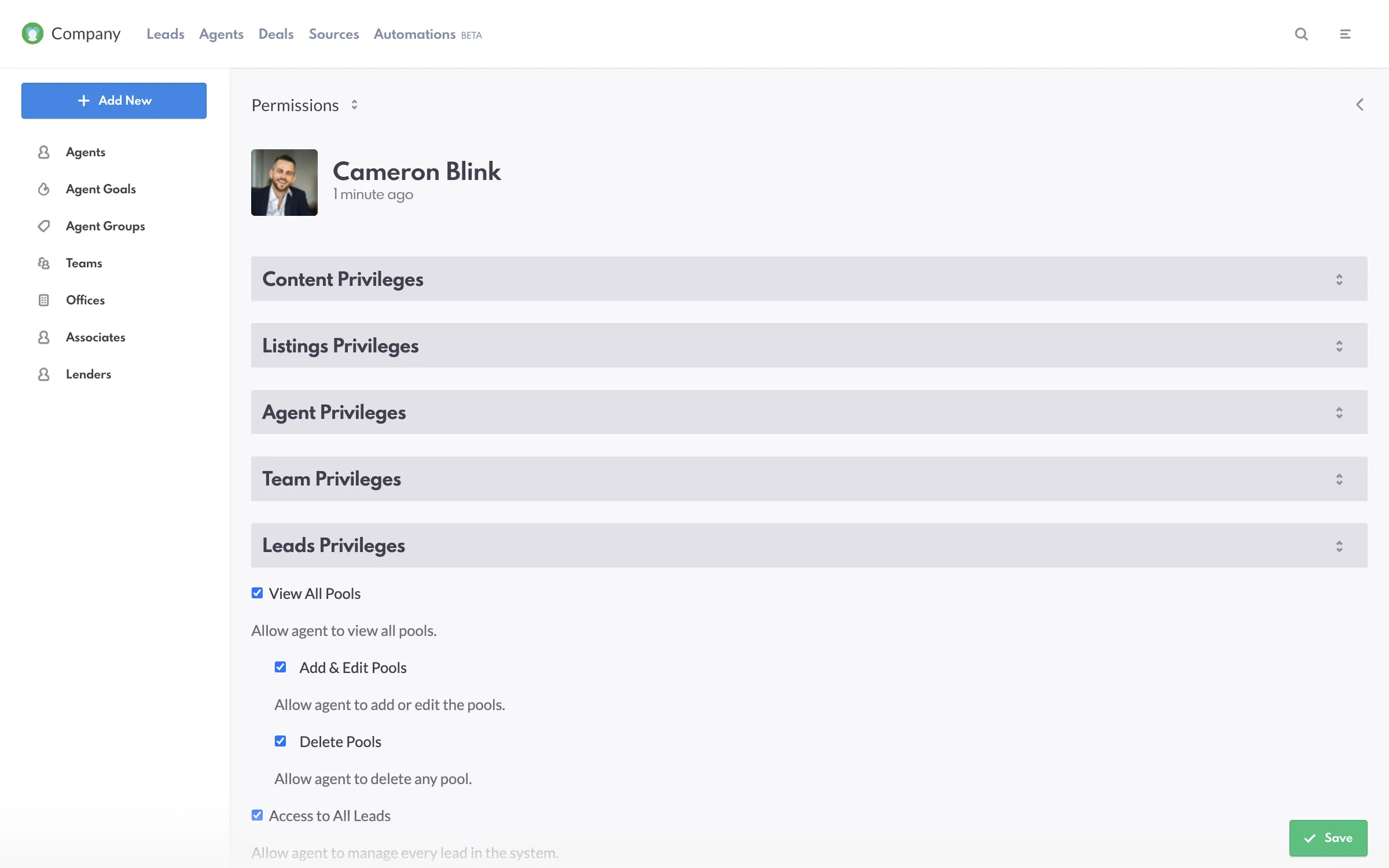 REW CRM Company Agent Permissions Settings