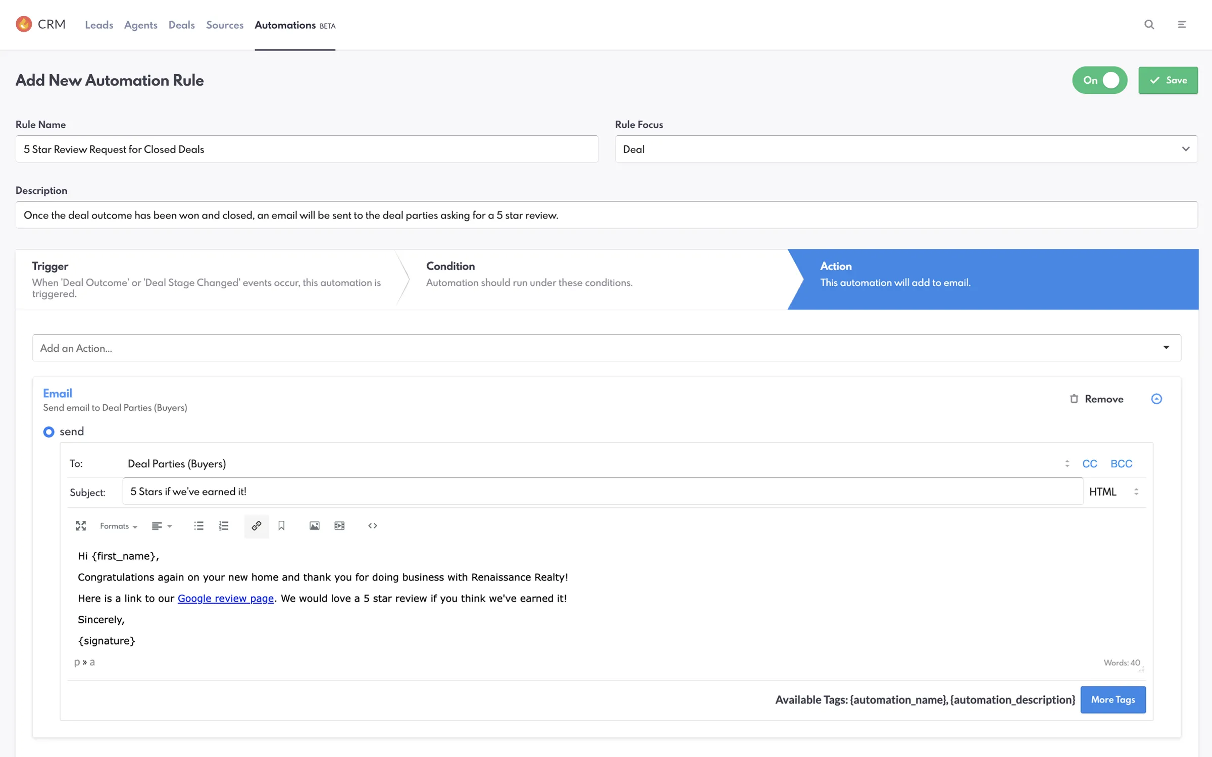 REW CRM Deal Automations - 5 star review for closed deals