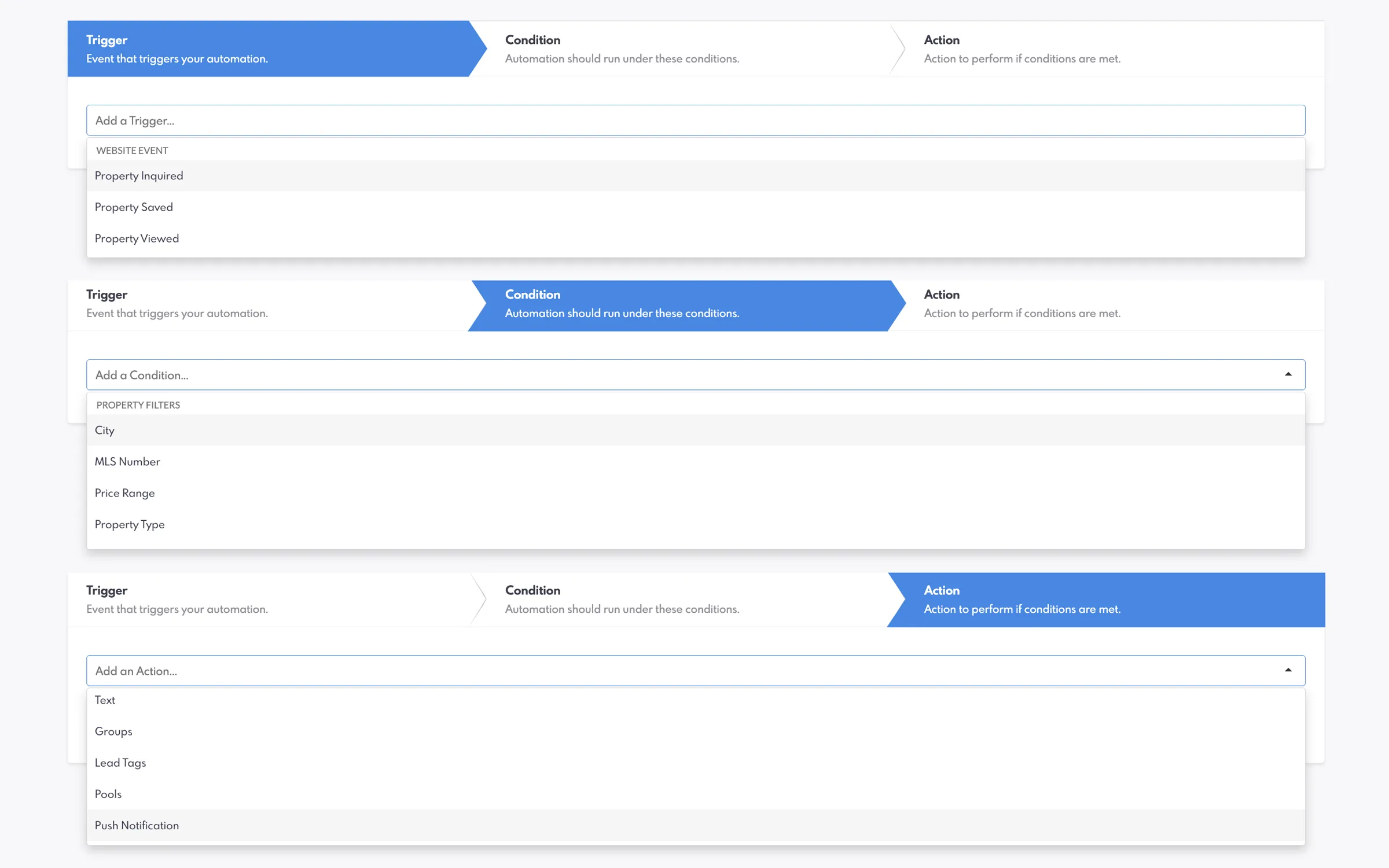 Triggers, Conditions and Actions for Property Automations