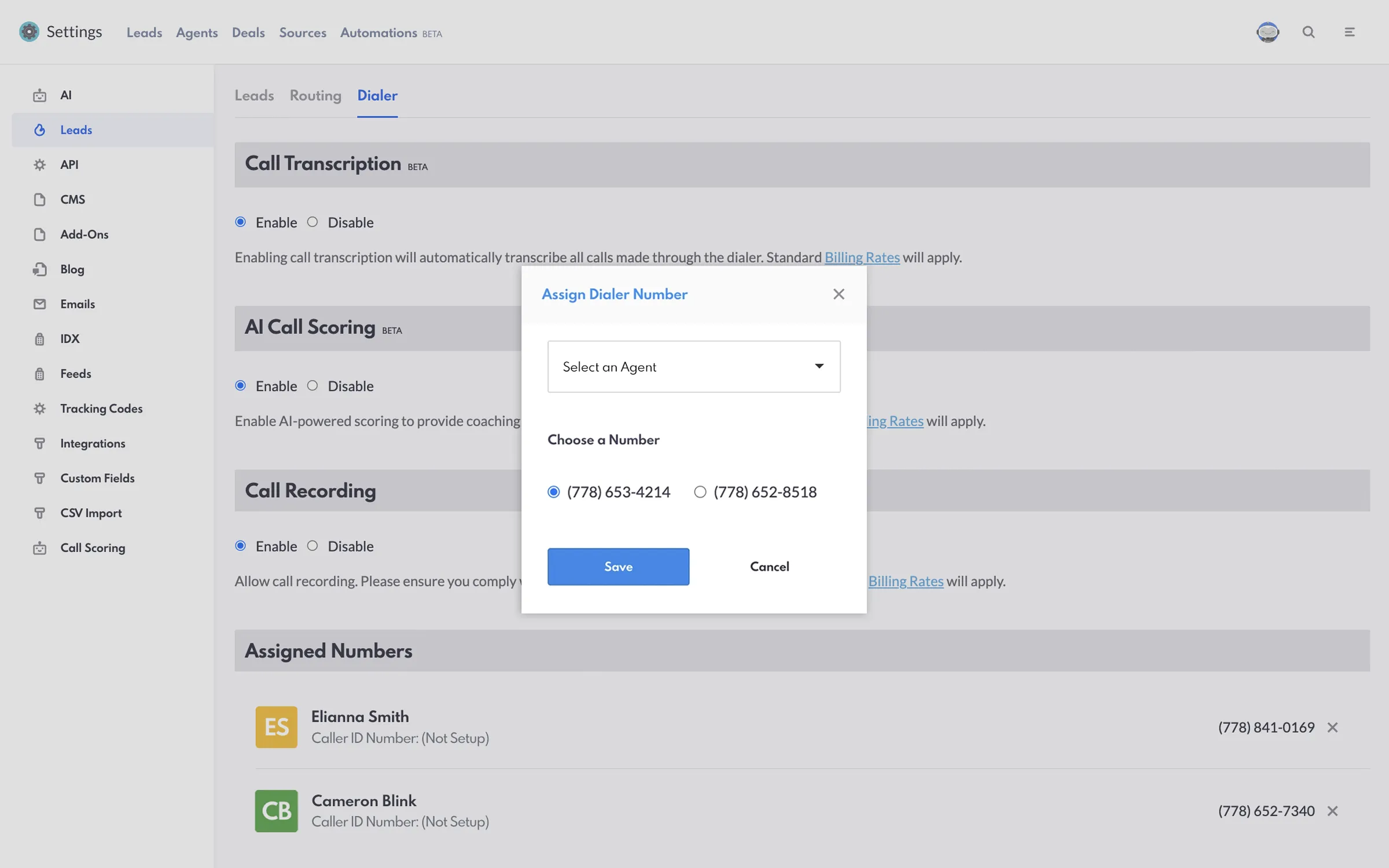 REW Dialer Settings - Assign Dialer Number