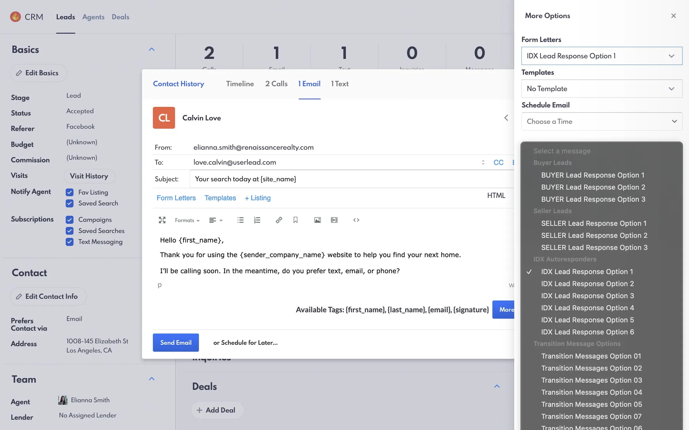 Email Form Letter Templates on Lead Details page in the CRM