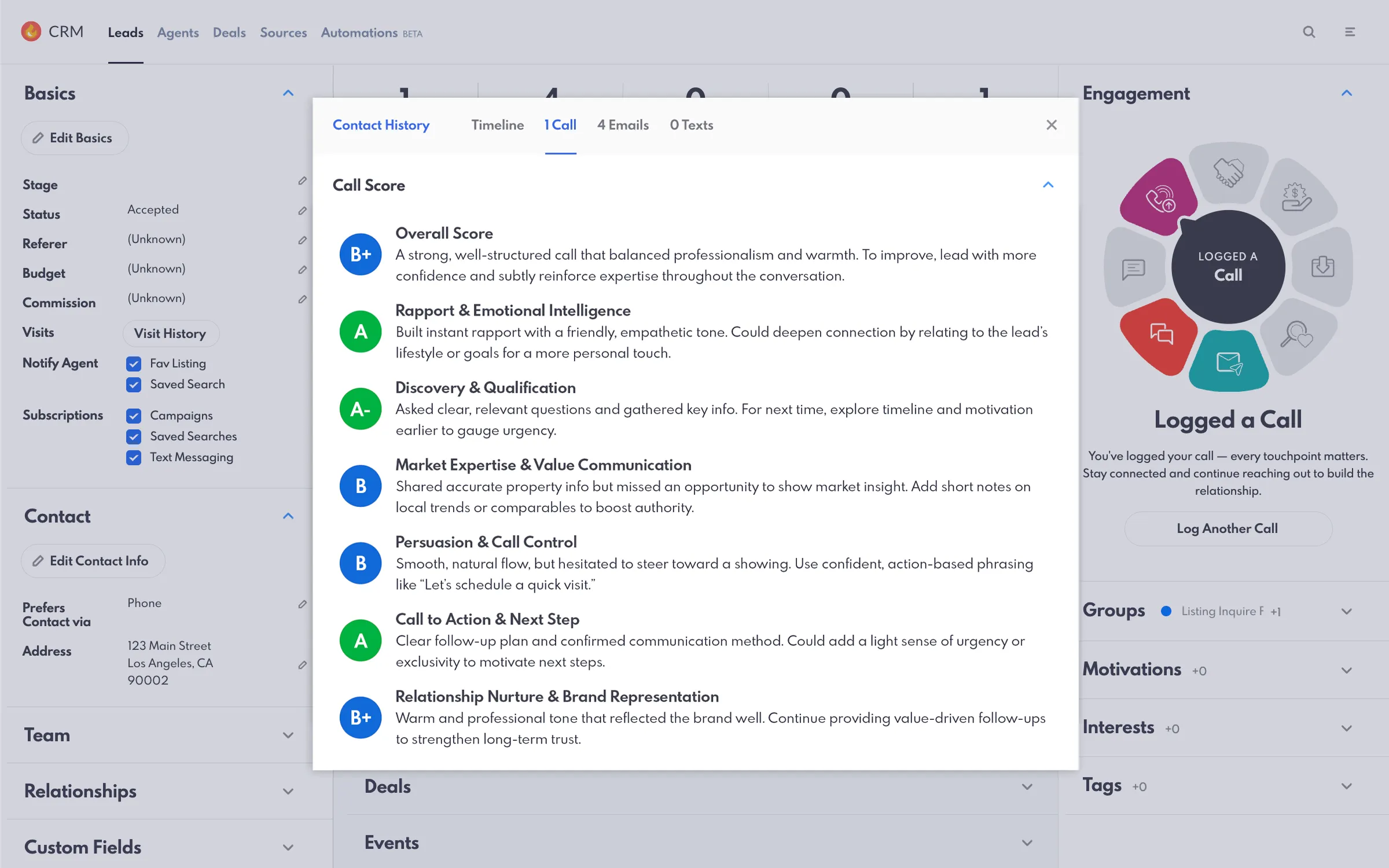 REW CRM Lead Details page with Call Score modal