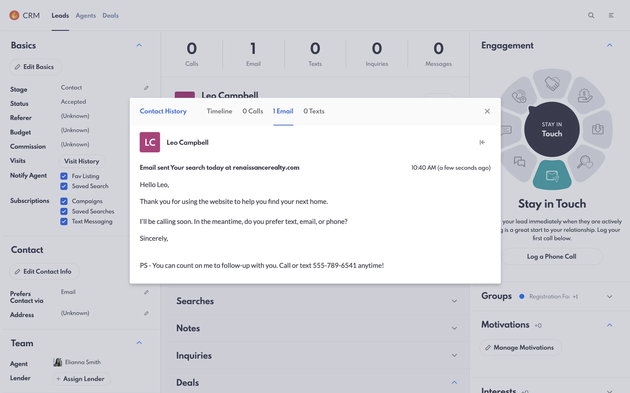 REW CRM Lead Details Page Email IDX Response