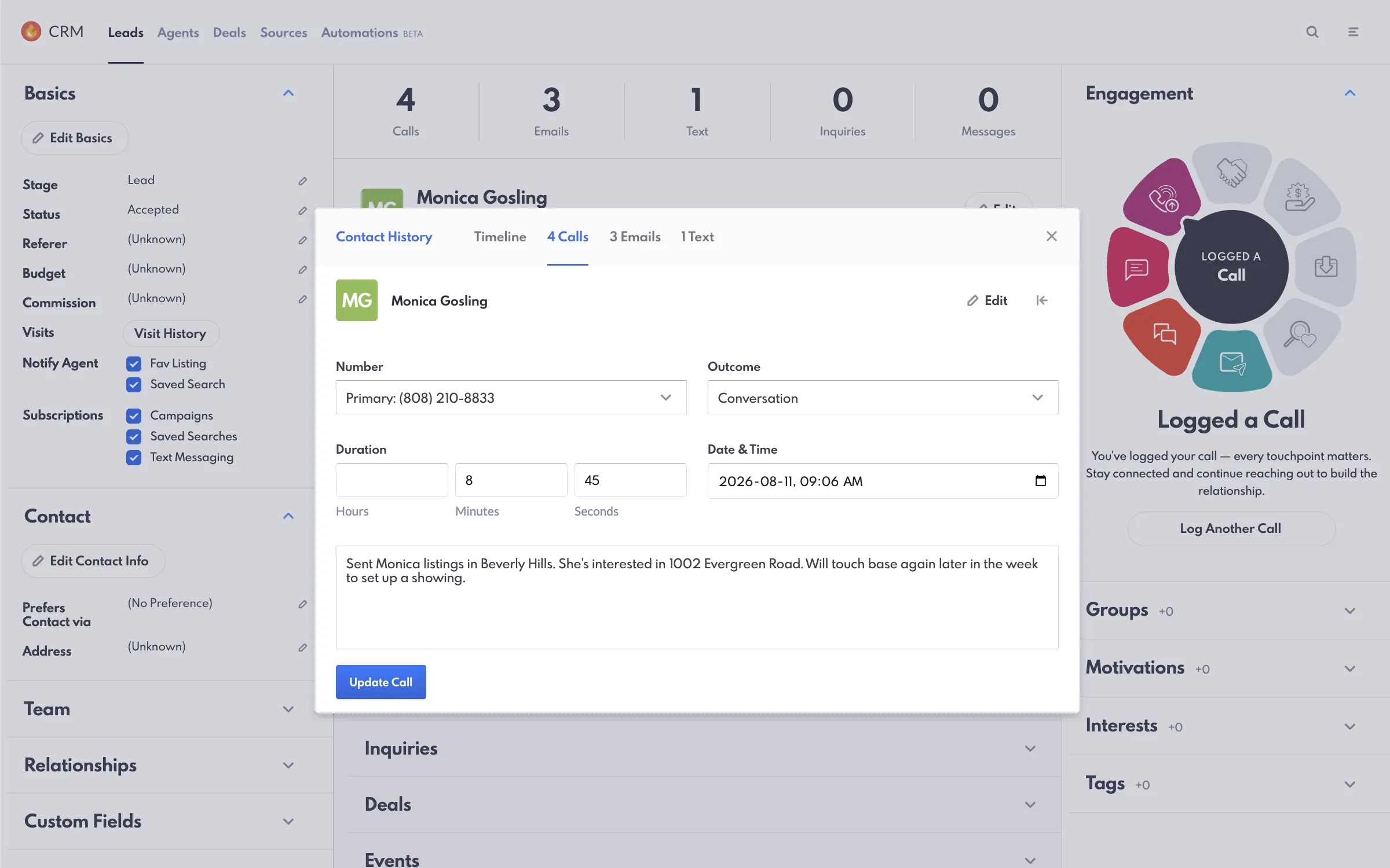 Logging a conversation in the Lead's Contact History