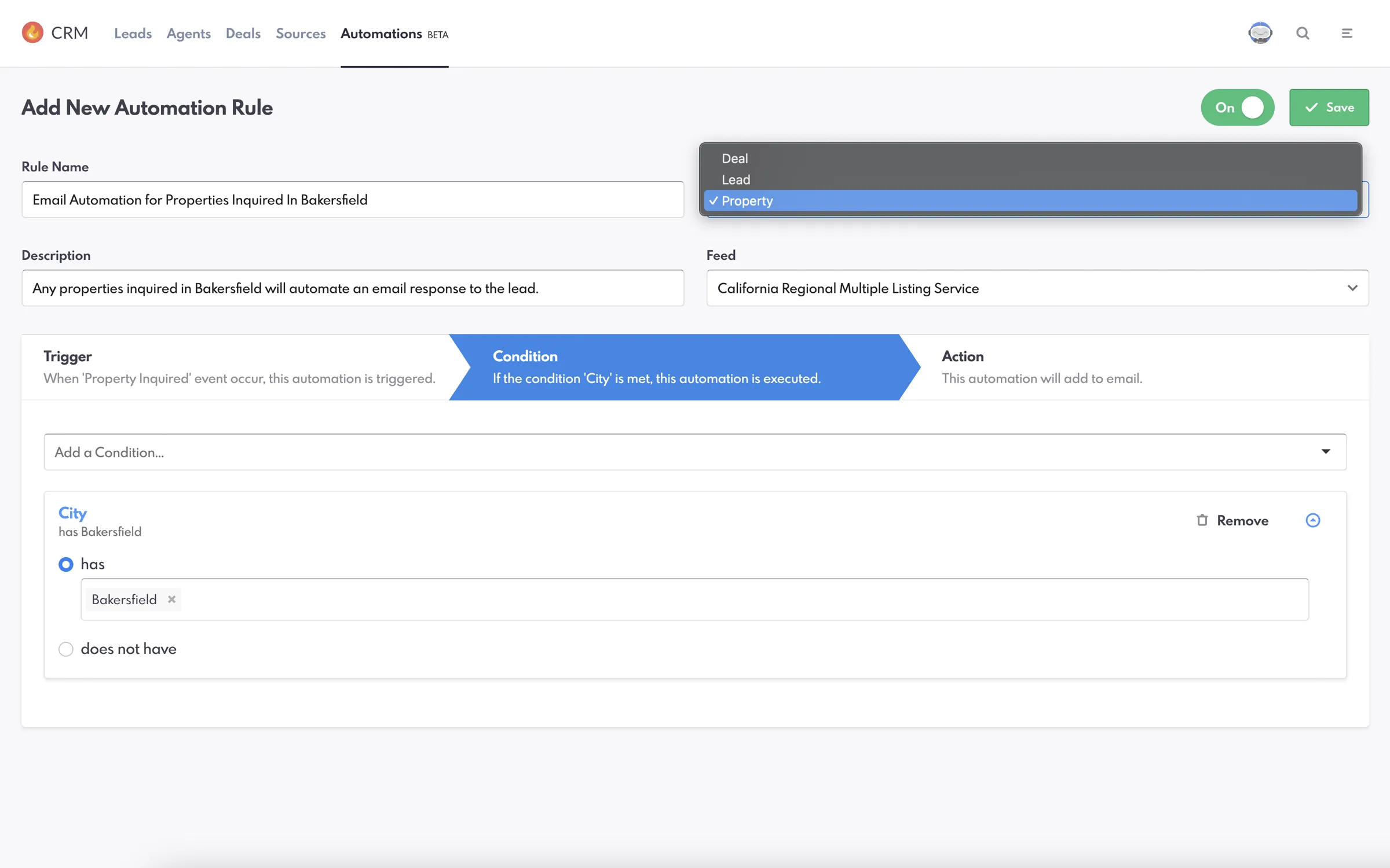 REW CRM Automations showing an example of a Property type automation