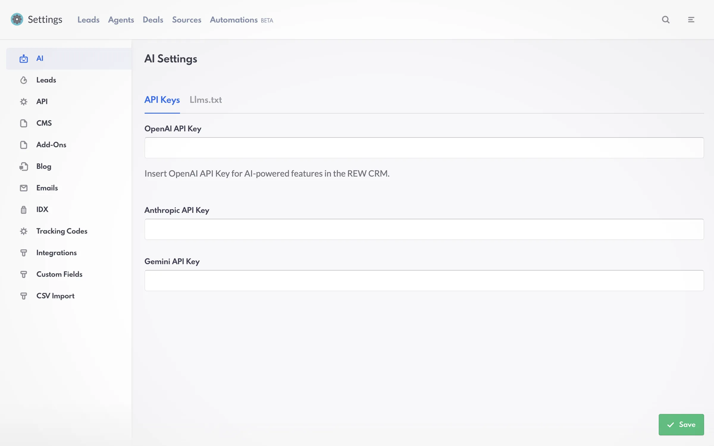 REW CRM Settings - API Keys