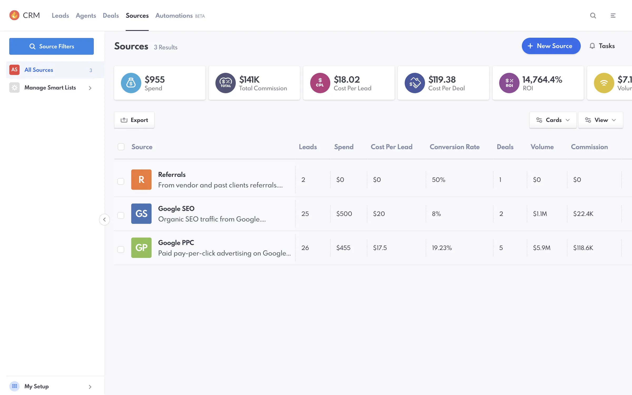 Sources page in the REW CRM with key metrics and column display filter options