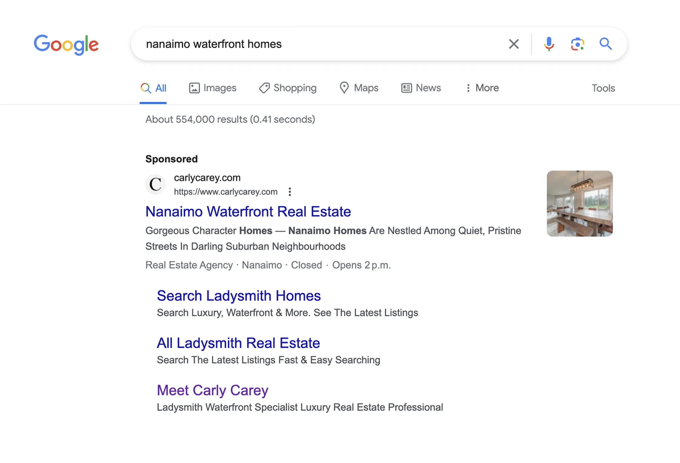 Nanaimo Waterfront Homes Google search with Carly Carey Real Estate Team shown as sponsored ad