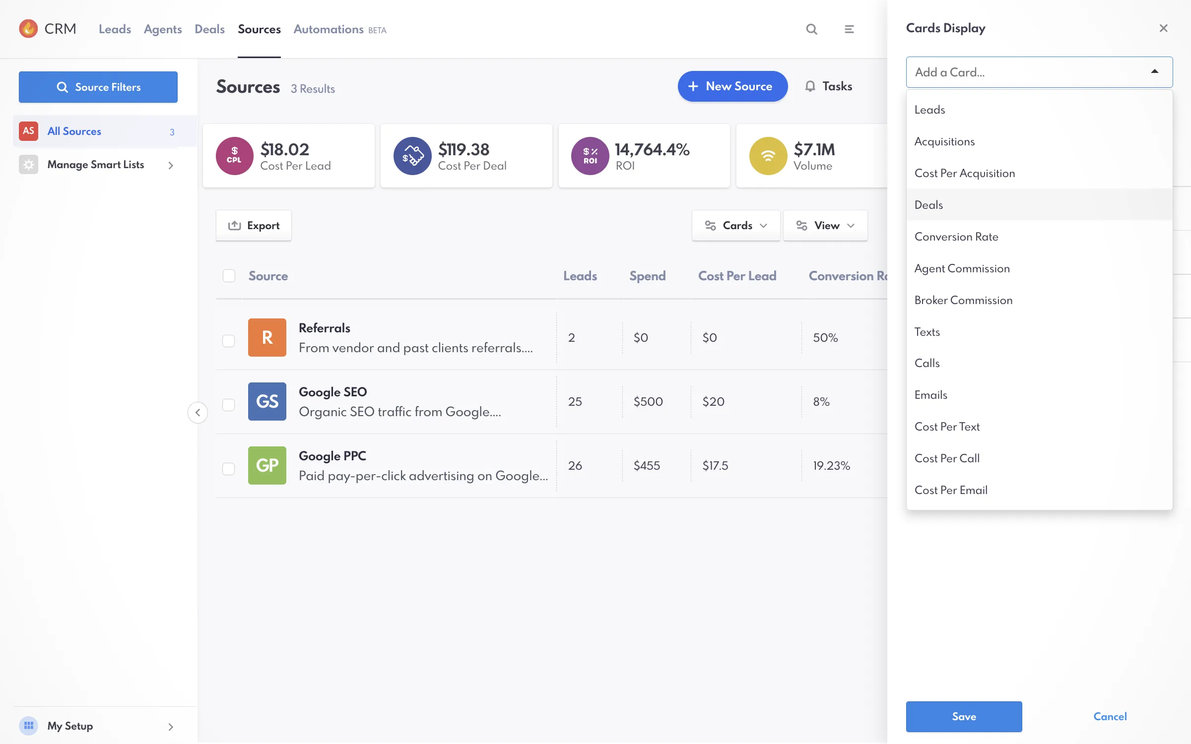 Sources Page in the REW CRM with Cards Display options