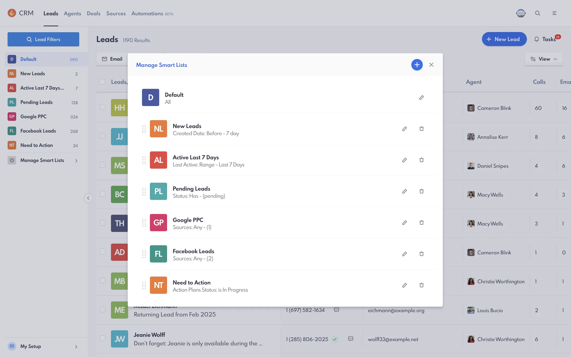 List of Smartlists in Leads page of the REW CRM
